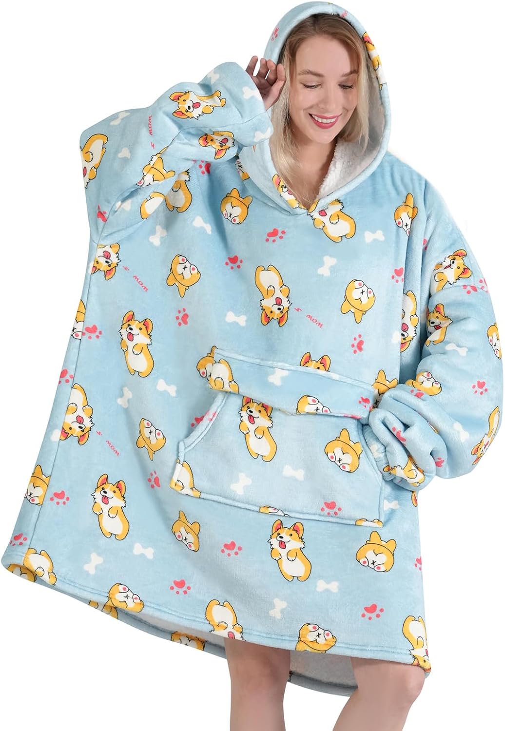 Wearable Blanket Hoodie for Adult,Oversized Sherpa Fleece Blanket Hoodie for Women Men,Corgi