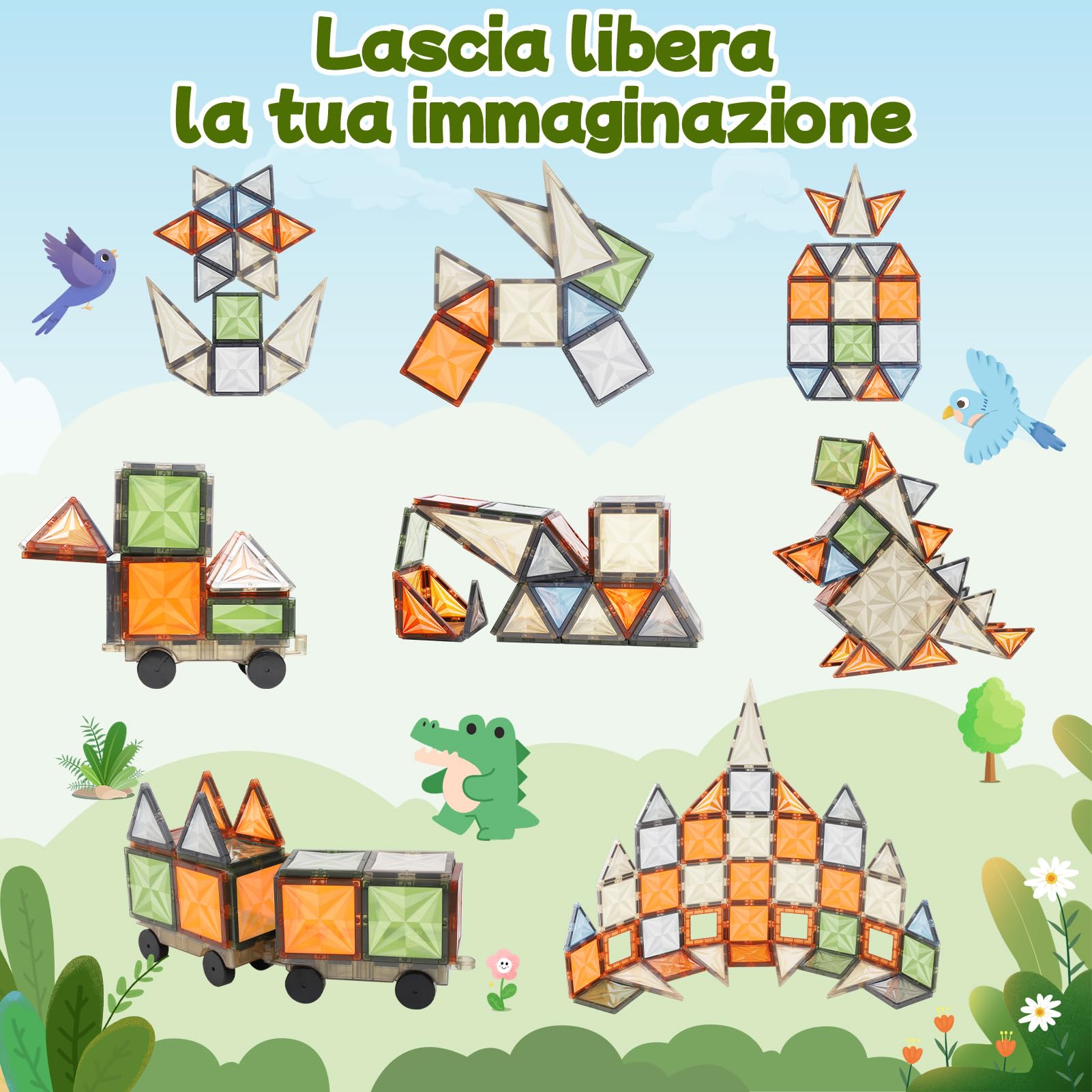 100 Pz di Magnetic Building Tiles, Set di Blocchi Magnetici in Colori Naturali con Veicoli Magnetici, Giochi Educativi per Regalo di Compleanno per Bambini dai 36 Mesi in su