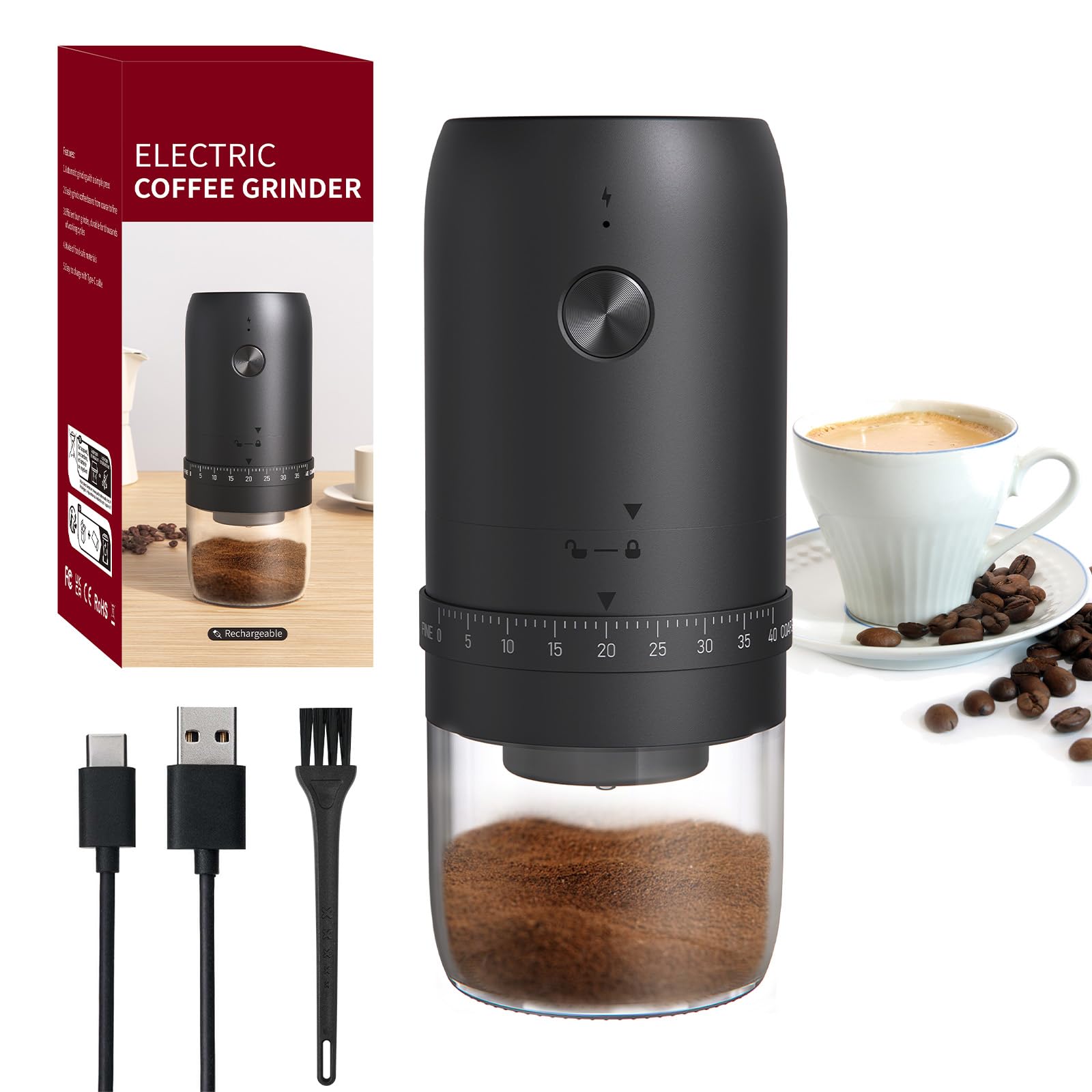 HOTUT Electric Coffee Bean Grinder, Electric Coffee Grinder with 40 Gears Adjustable Settings, Portable Cordless Conical Burr Coffee Grinder, USB Rechargeable, for Home, Office, Travel, Camping, Black