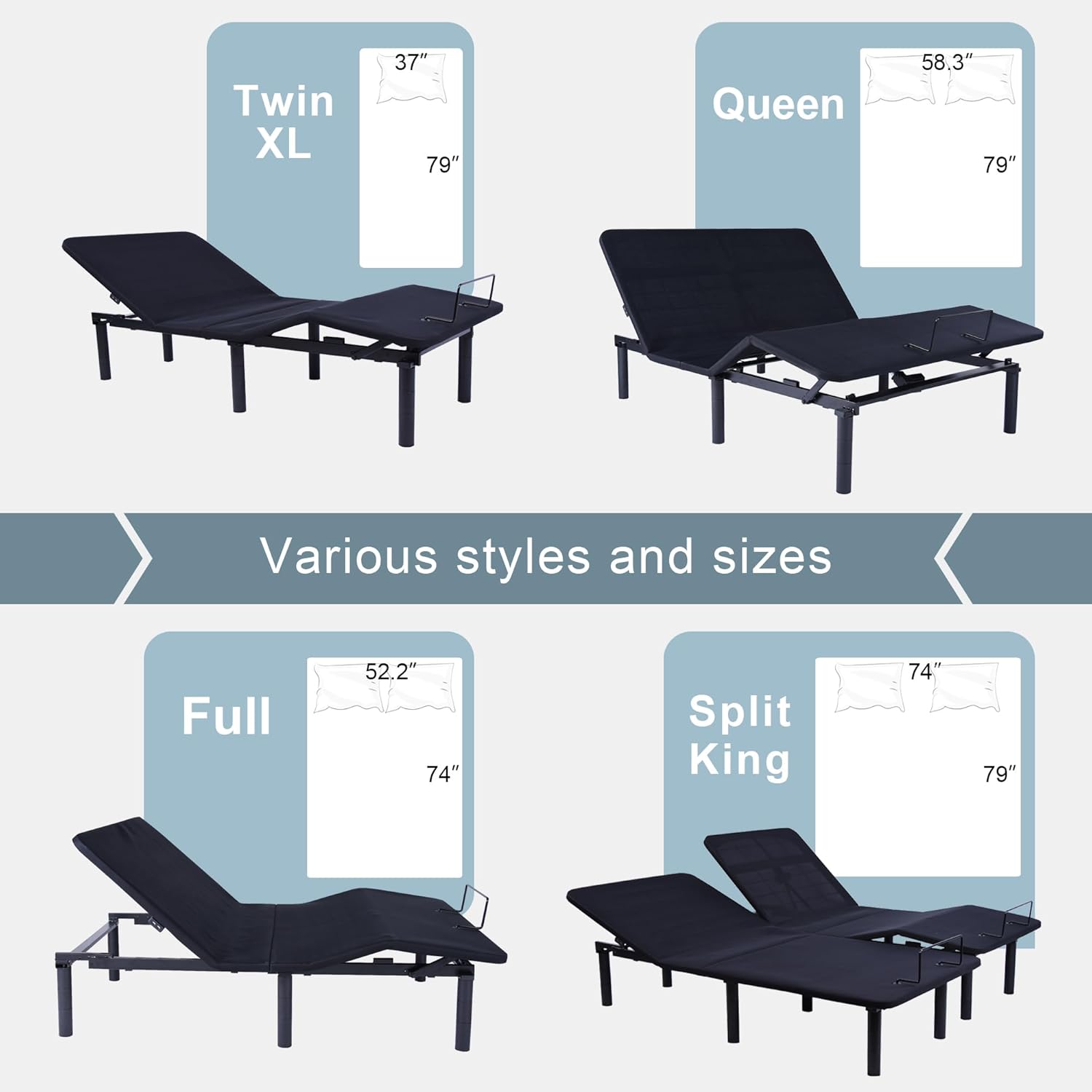 Fromann Adjustable Twin XL Bed Base Frame with USB Ports, Zero Gravity, Under Bed Led Lighting and Three Leg Heights No Tools Assembly