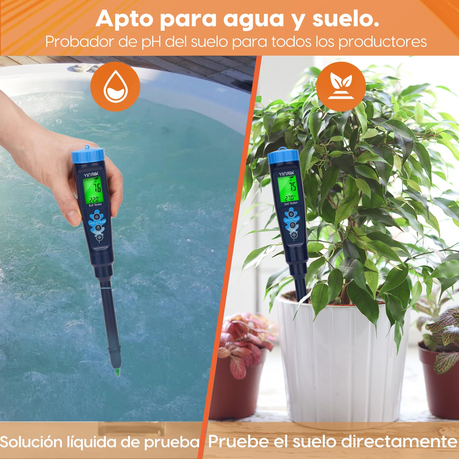 YINMIK Medidor de pH del Suelo, probador Digital de pH del Suelo y la solución, pH medidor Profesional para medir Alimentos, Agua, Carne, Cerveza elaboración, Piscina, Queso, Pan, Invernadero jardín