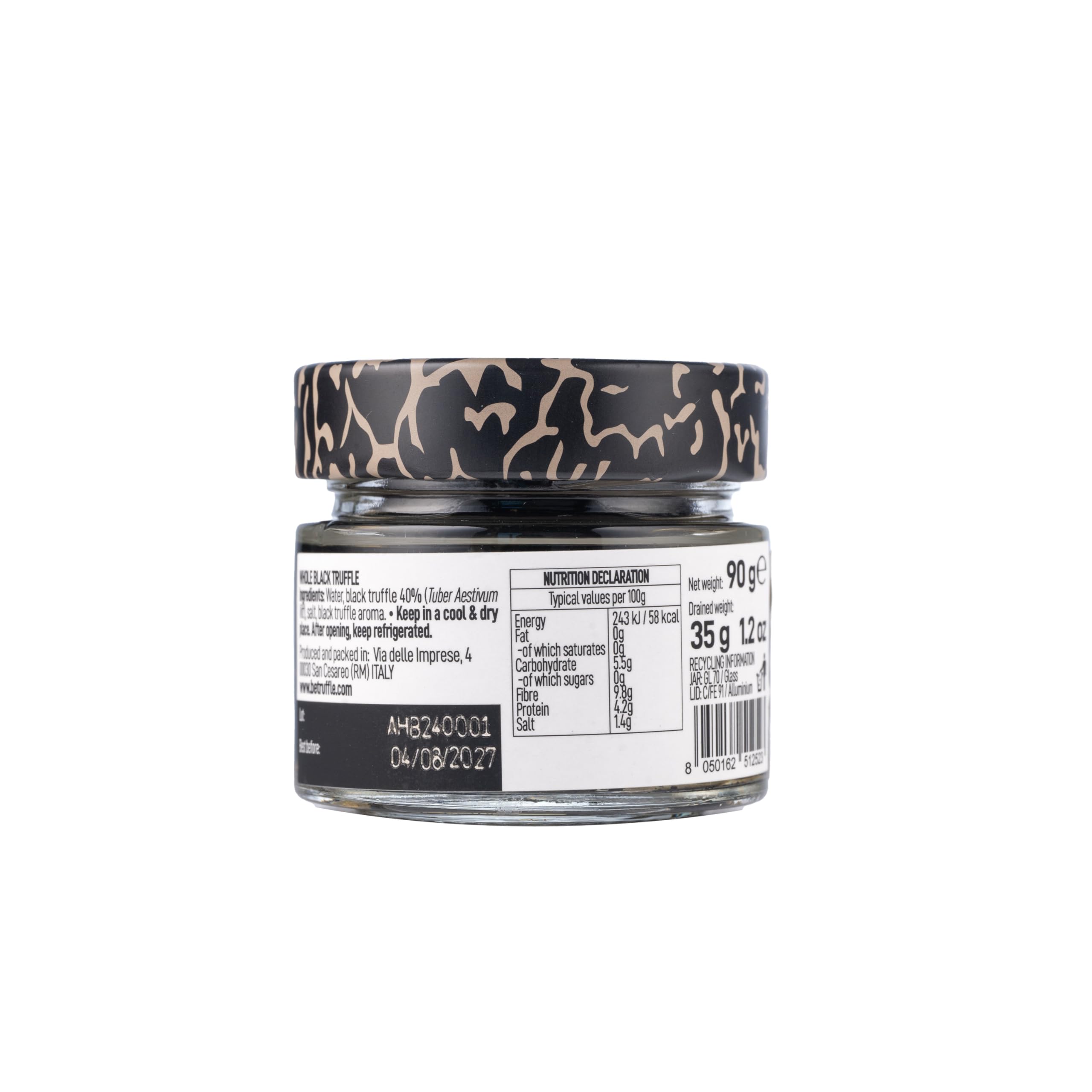 Be Truffle - Trufa Negra Entera 90g, Peso Escurrido 35g - Vegano, Sin Gluten, Sin Colesterol