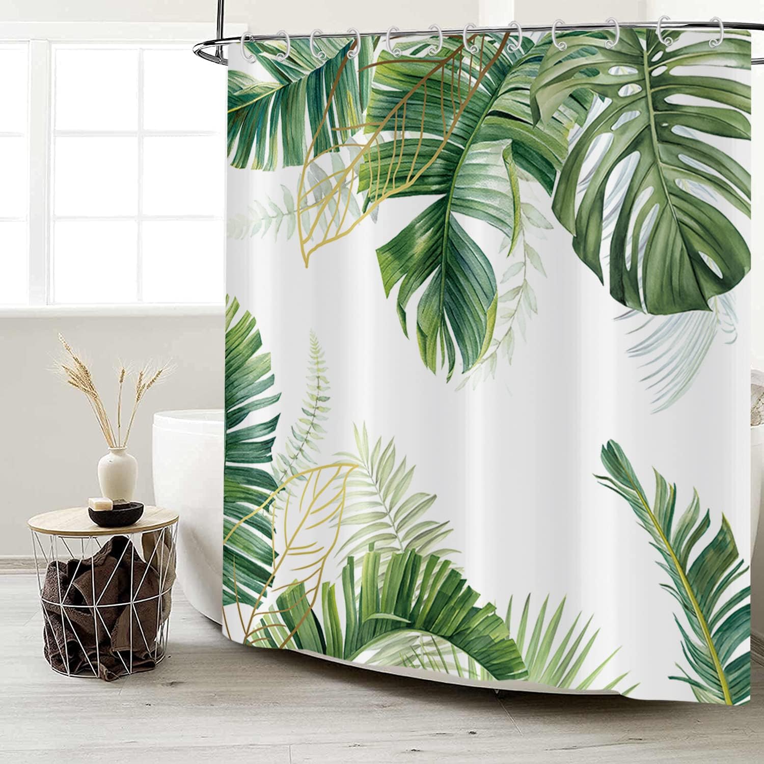 Tropical Plants Shower Curtain, Green Botanical Palms Monstera Leaf Gold Banana Leaves Bathroom Curtain Home Decor Waterproof Fabric Machine Washable with 12 Hooks