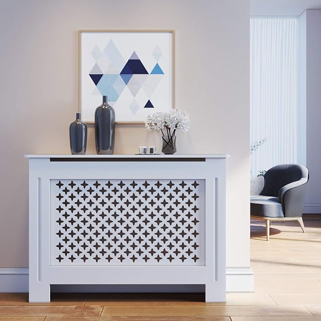 ELEGANT Radiator Covers Medium Modern Cross Slat White Painted Cabinet Radiator Shelve for Living Room/Bedroom/Kitchen, MEDIUM