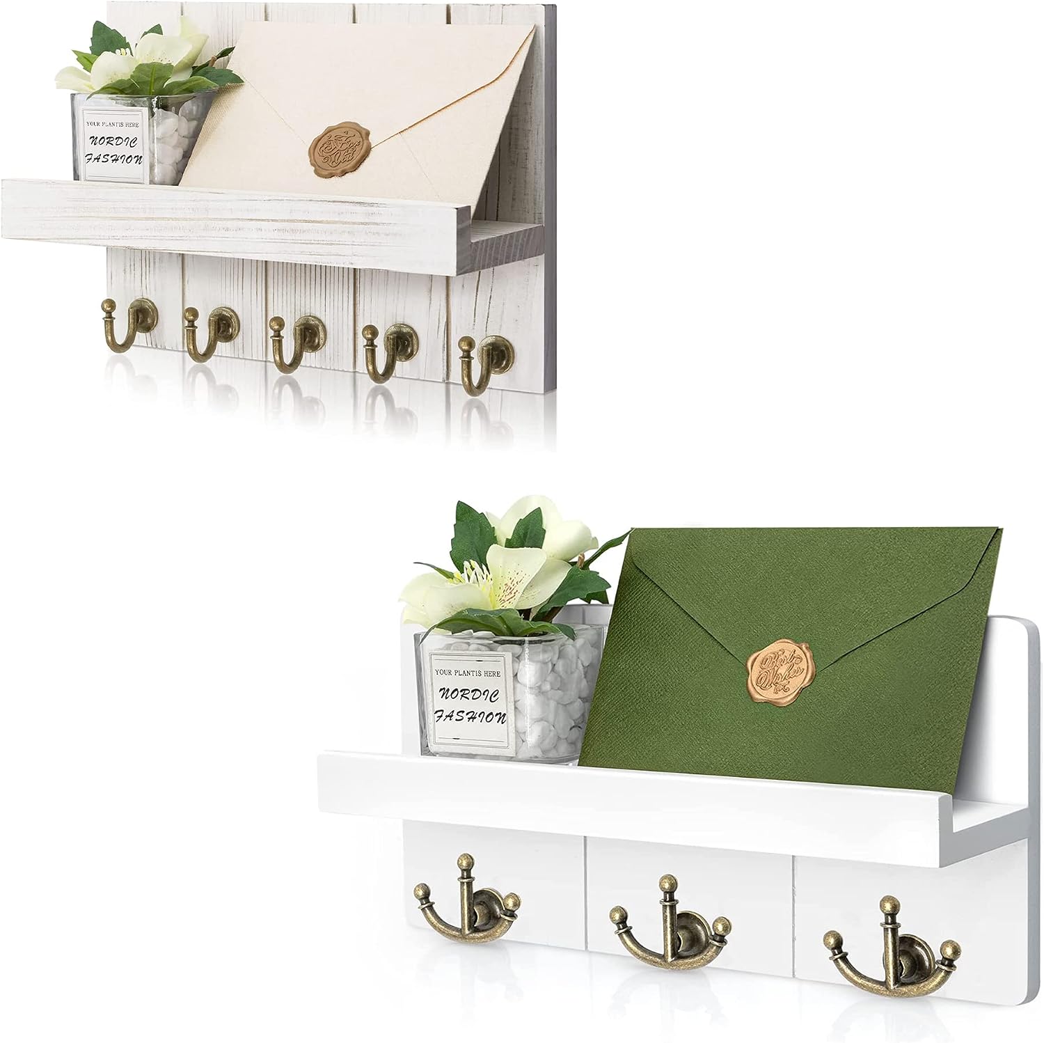 Rebee Vision Key Holder for Wall Set : 11" Key Rack with 3 Anchor Hooks & 10" Mail Organizer with 5 Key Hooks for Home Apartment Entryway Decor - White & Whitewash