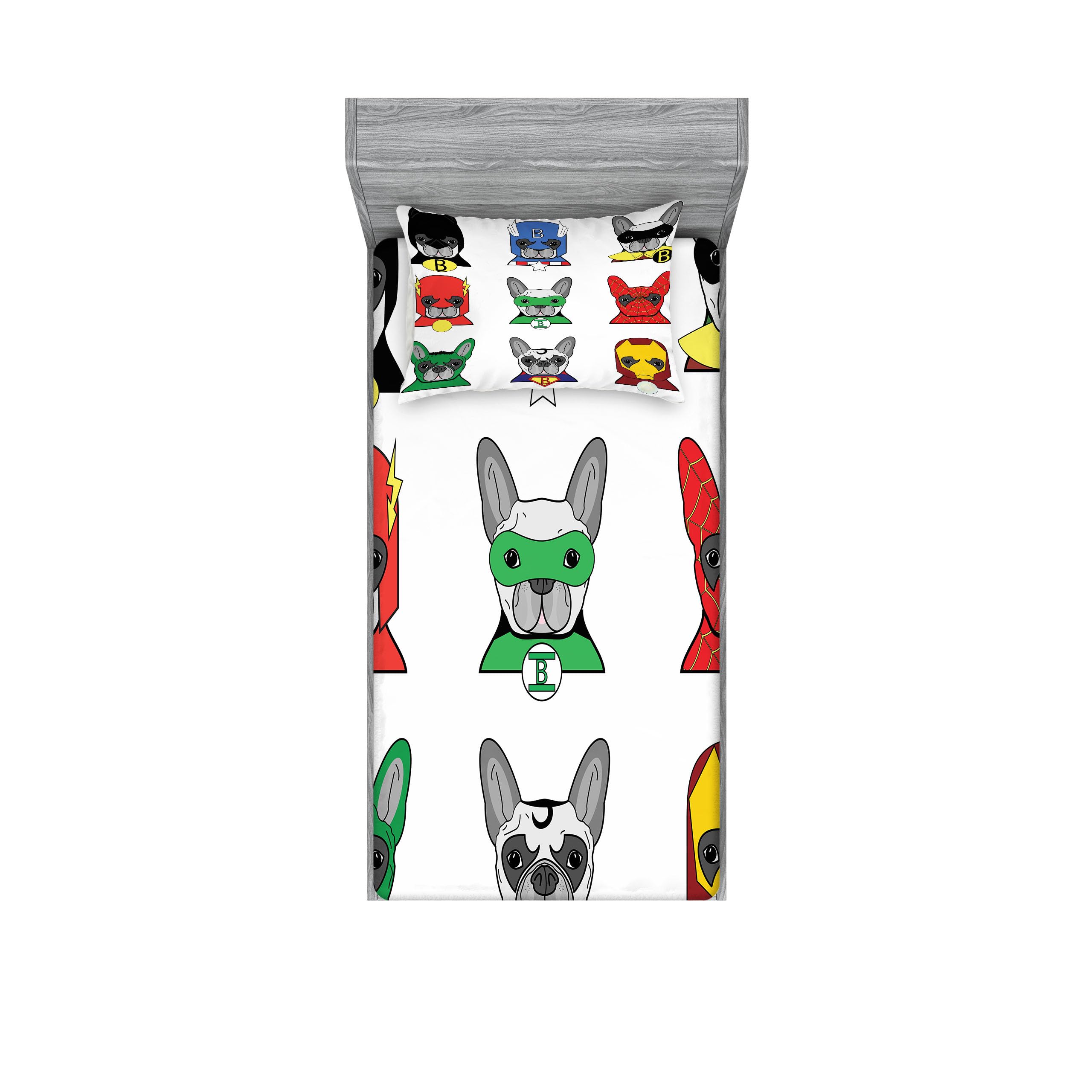 Ambesonne Superhero Fitted Sheet & Pillow Sham Set, Bulldog Superheroes Fun Cartoon Puppies in Disguise Costume Dogs Masks Print, Decorative Printed 2 Piece Bedding Decor Set, Twinxl, Green White