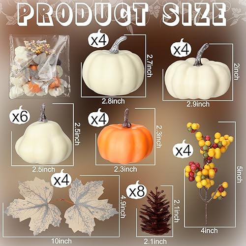 Miniatura 2 de Geelin Juego de 34 calabazas artificiales surtidas de otoño, mini calabazas falsas con hojas de arce, piñas, bayas, decoración de cosecha de otoño