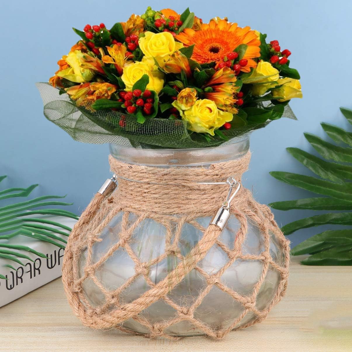 Glass Jar Vase Rope Rustic Rope Net Flower Vase Decorative Dry Flower Glass with Handle Hydroponics Green Plant Container Clear