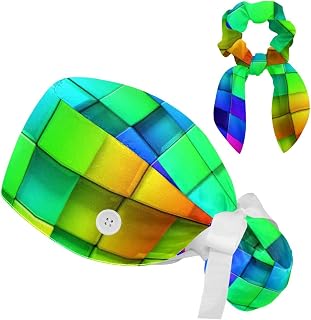 FVQL 2 Pieces Surgical Cap for Long Hair Scrub Cap with Hairband Nurse Cap, Colorful Abstract Pattern Cube