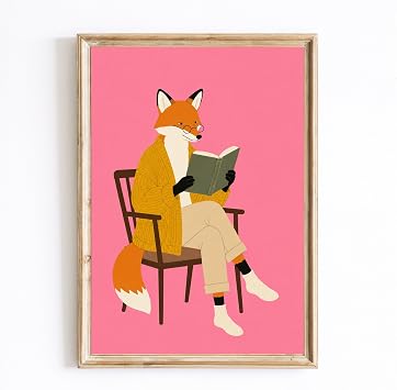 Reading Fox Wall Art, Whimsical Woodland Animal Print, Cozy Book Lover Decor, Pink Nursery Poster, Cute Fox Artwork