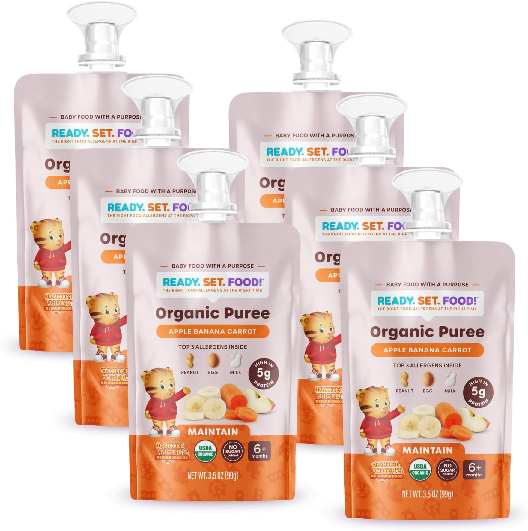 Ready Set Food Organic Puree Pouch – Organic Baby Food Squeeze Pouch with Top 3 Allergens for Baby Allergen Introduction, Includes Organic Peanuts, Egg, and Milk (Apple Banana Carrot, 6 count)
