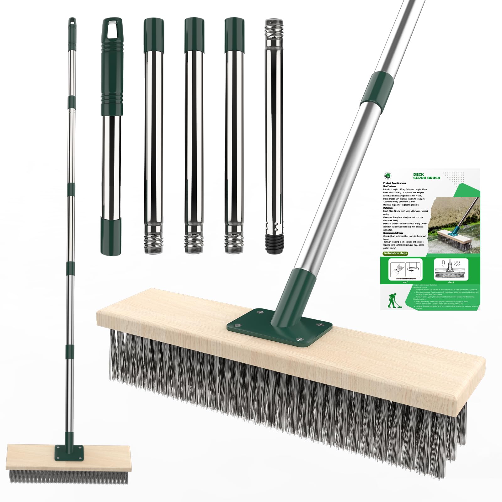 Edelstahl Stahldrahtbesen mit Teleskopstiel(145 cm),Drahtbürste Deckbesen Bürste Bodenschrubber Bürste für Garten,Terrasse, Deck