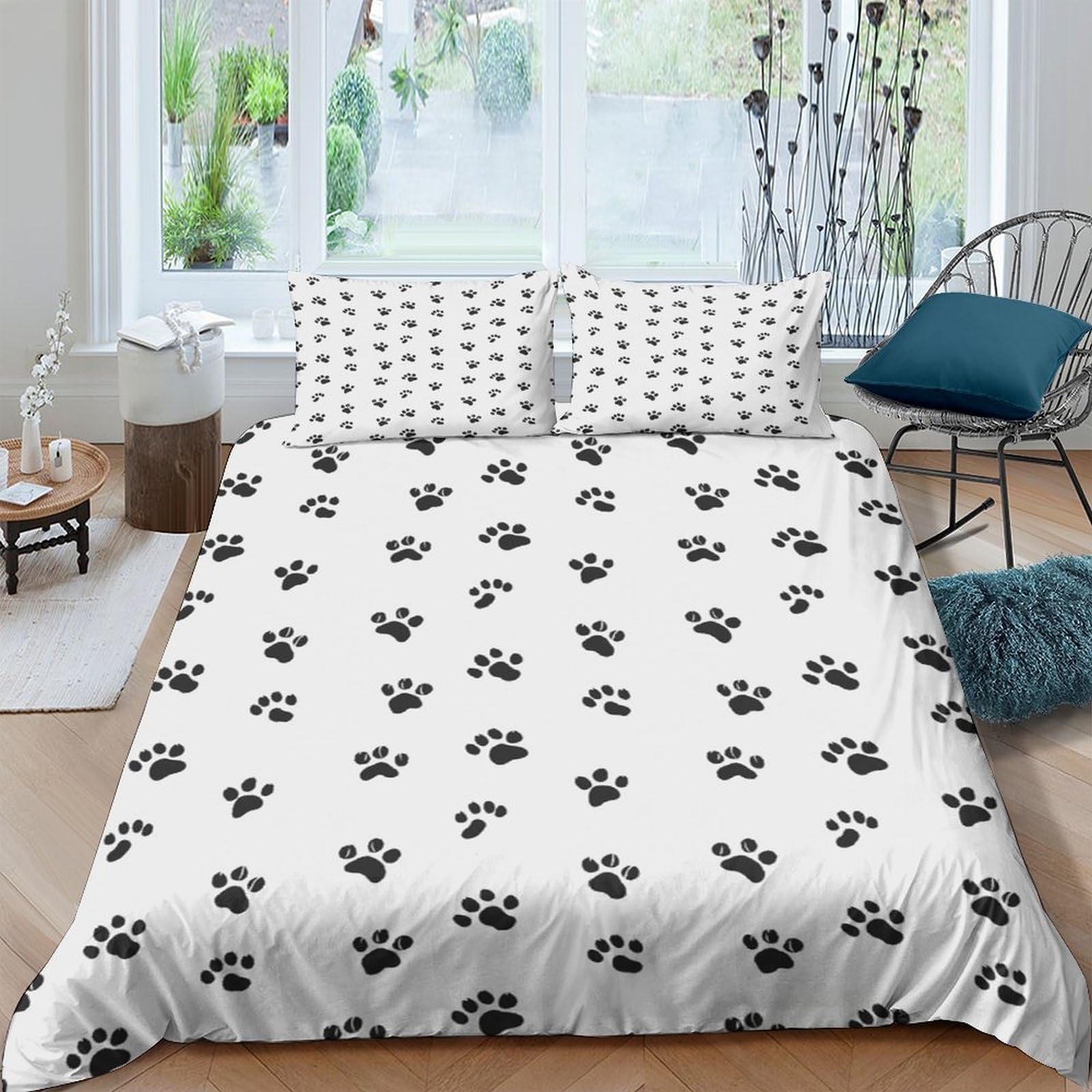 GPLZQXKJNH 3D Printed Paw Print Duvet Cover Set Microfiber Soft White Black Bedding Set with 2 Pillowcases for Bedroom Decor Single（135x200cm）