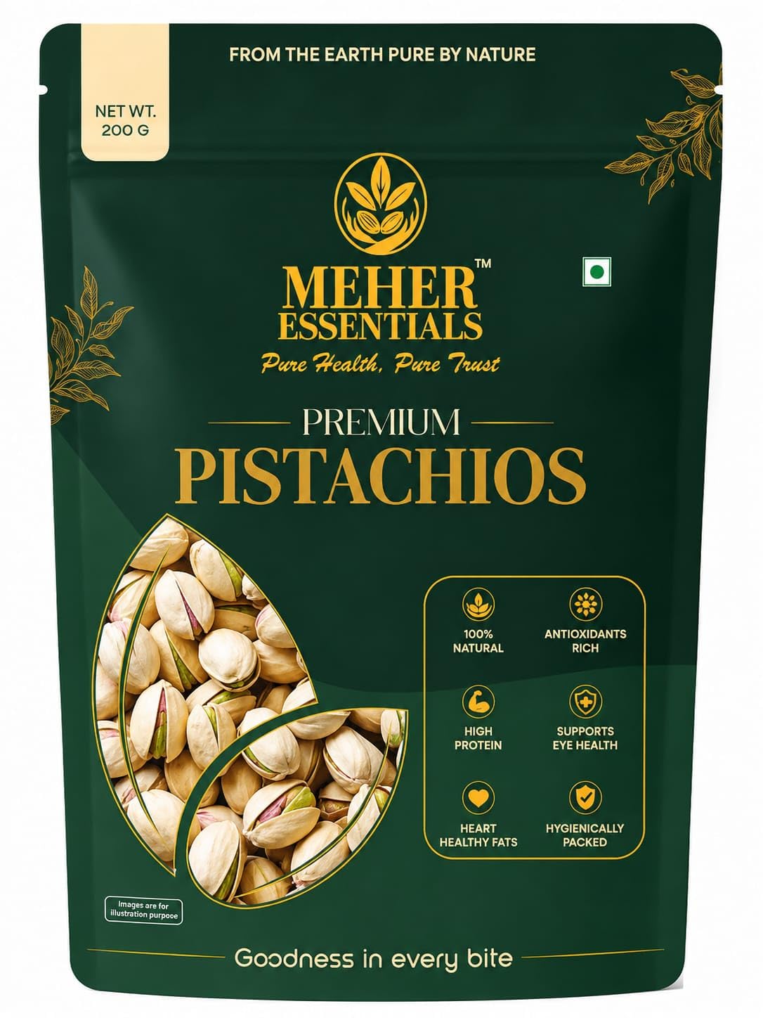 Meher Essentials Premium Pistachios (Pista) | Crunchy, Naturally Flavorful & Premium Quality | Hygienically Packed | Healthy Snack, Baking & Dessert Topping | 200g-image-6