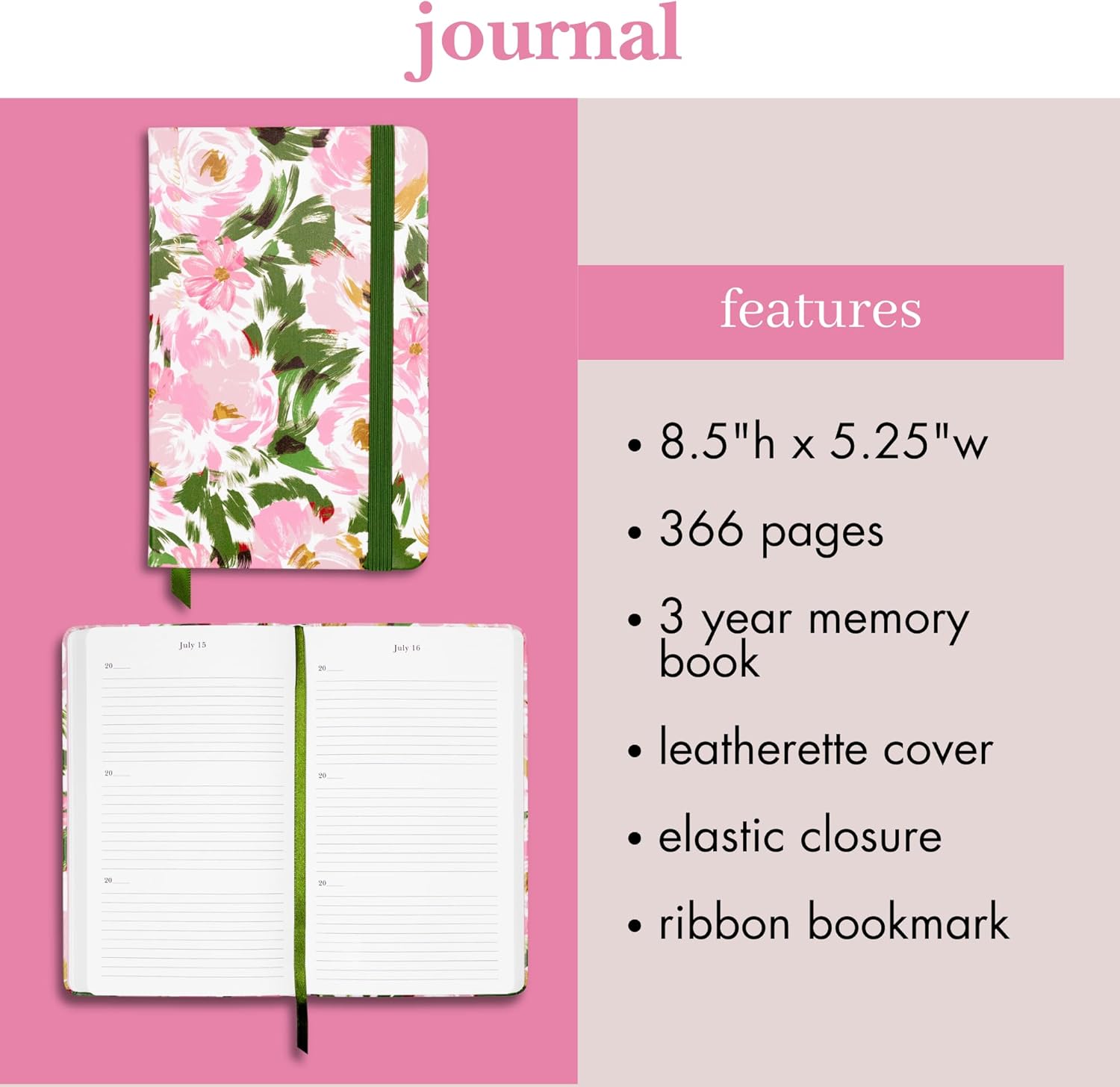 kate spade new york One Line A Day Journal 3-Year Memory Book, 8.5" x 5.25" Flexible Leatherette Cover, Ribbon Bookmark & Elastic Closure (Hidden Garden)