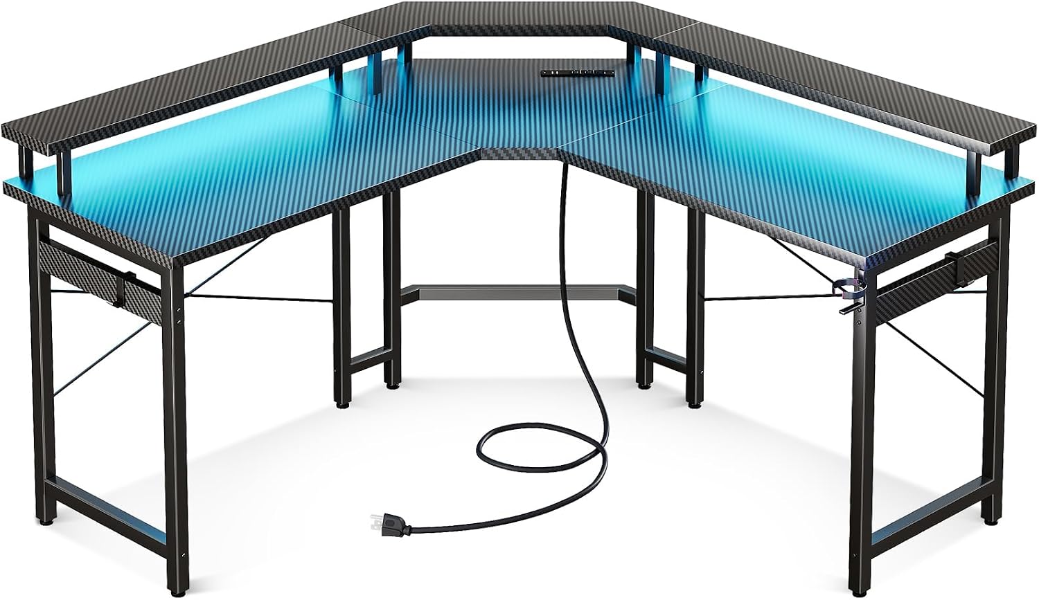 ODK L Shaped Gaming Desk with LED Lights & Power Outlets, 51" Computer Desk with Full Monitor Stand, Corner Desk with Cup Holder, Gaming Table with Hooks, Black Carbon Fiber