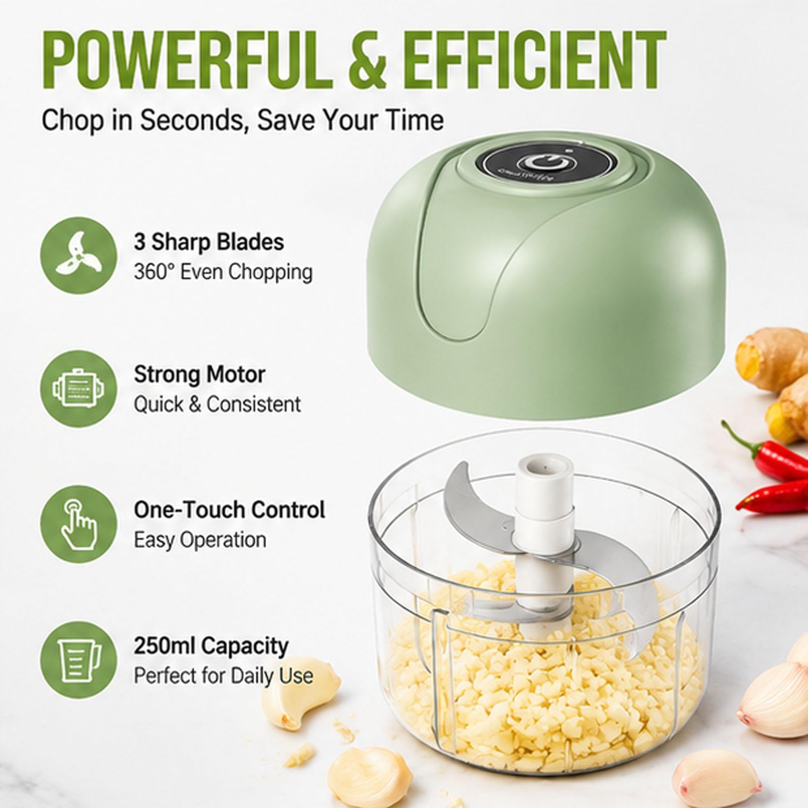 Tritaglio d'Aglio Elettrico, Mini Robot da Cucina Portatile da 250ml | 3 lame affilate, tritatutto per verdure, schiaccia aglio, trita cipolle, ricaricabile, per zenzero, peperoncino(2PCS-Green)