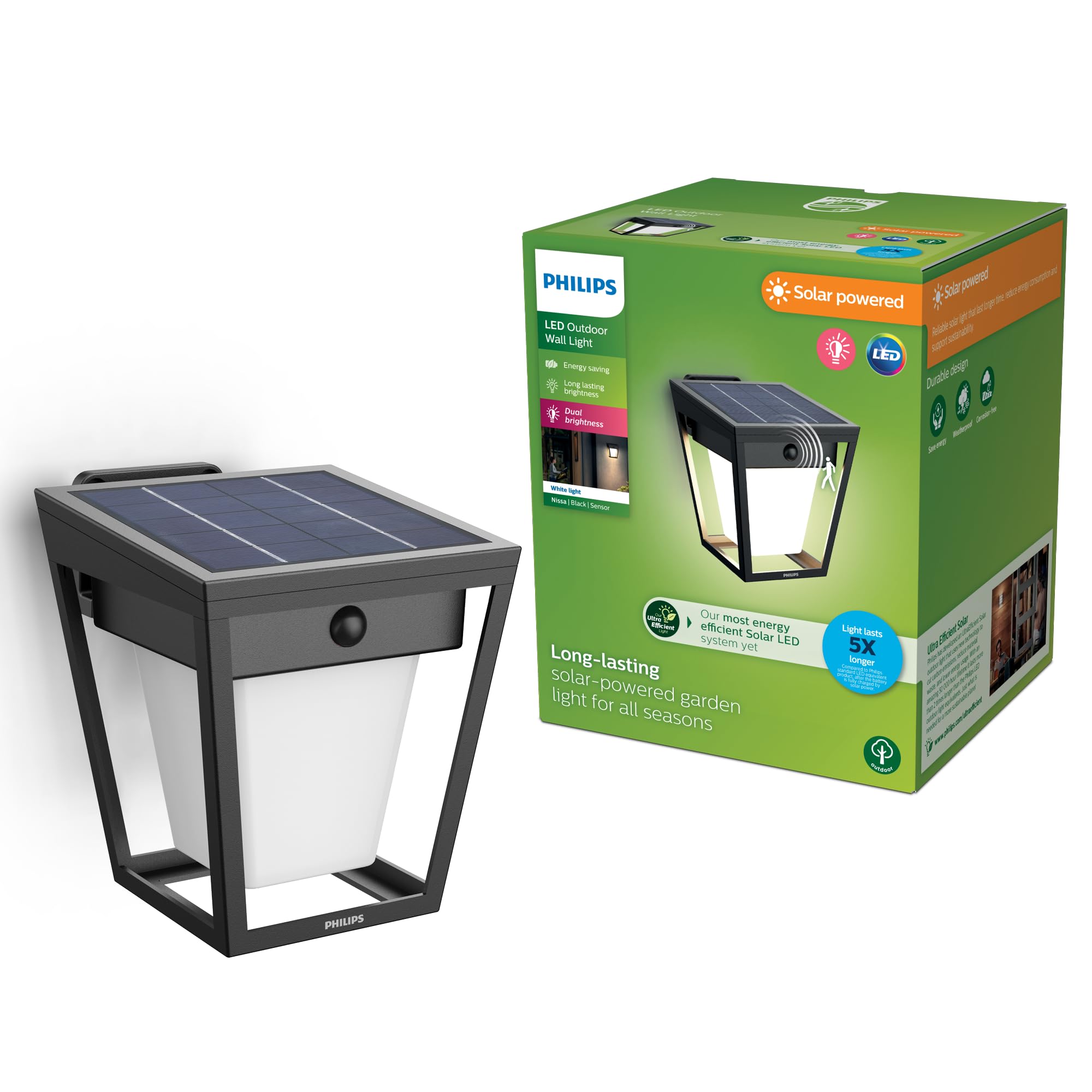 Philips Nissa UltraEfficient Zewnętrzna Lampa Ścienna Solarna z Czujnikiem, 3000K, 250/25lm, Czarna