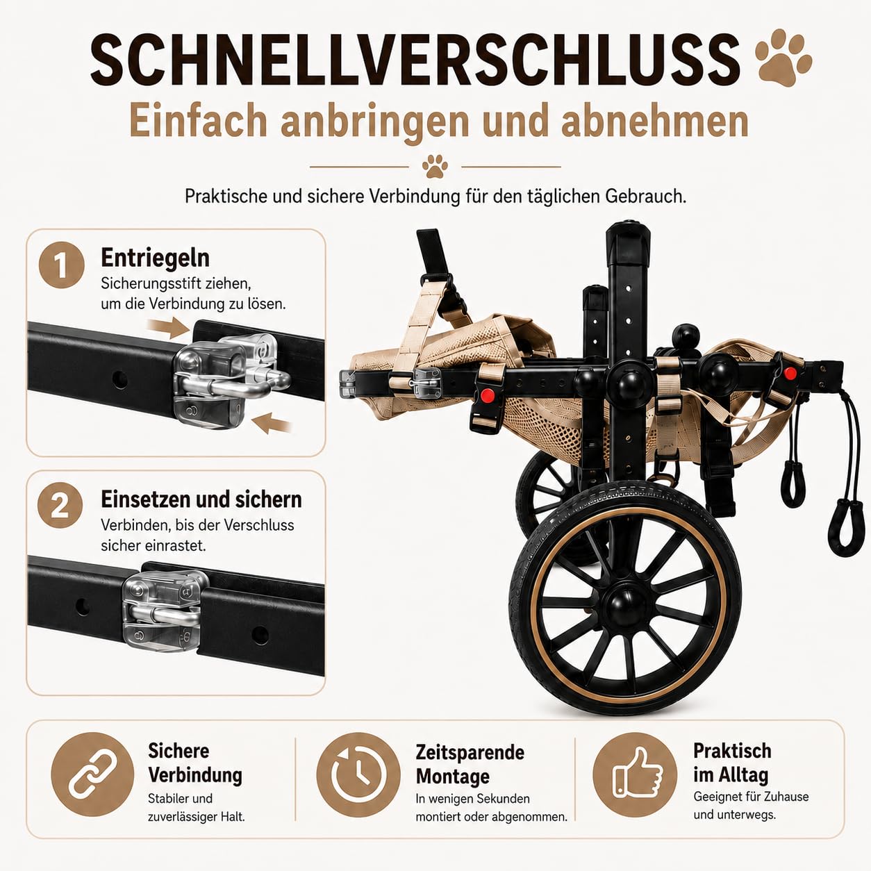 Verstellbarer Hunderollstuhl für Hinterbeine，L | Alu-Reha-Hilfe mit Doppellager-Rädern lindert Gelenkschmerzen. Offener Intimbereich und Klick-Gurt erleichtern den Alltag.