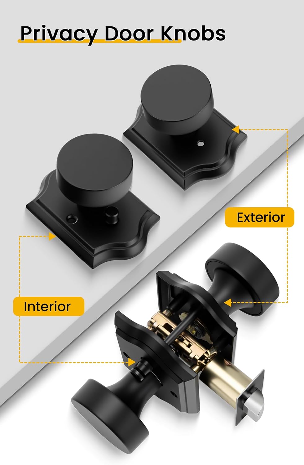 goldenwarm Black Door Knob Interior, Zinc-Alloy Heavy Duty Matte Black Door Knobs, Privacy Door Knobs Interior for Bedroom Bathroom (3 Pack)