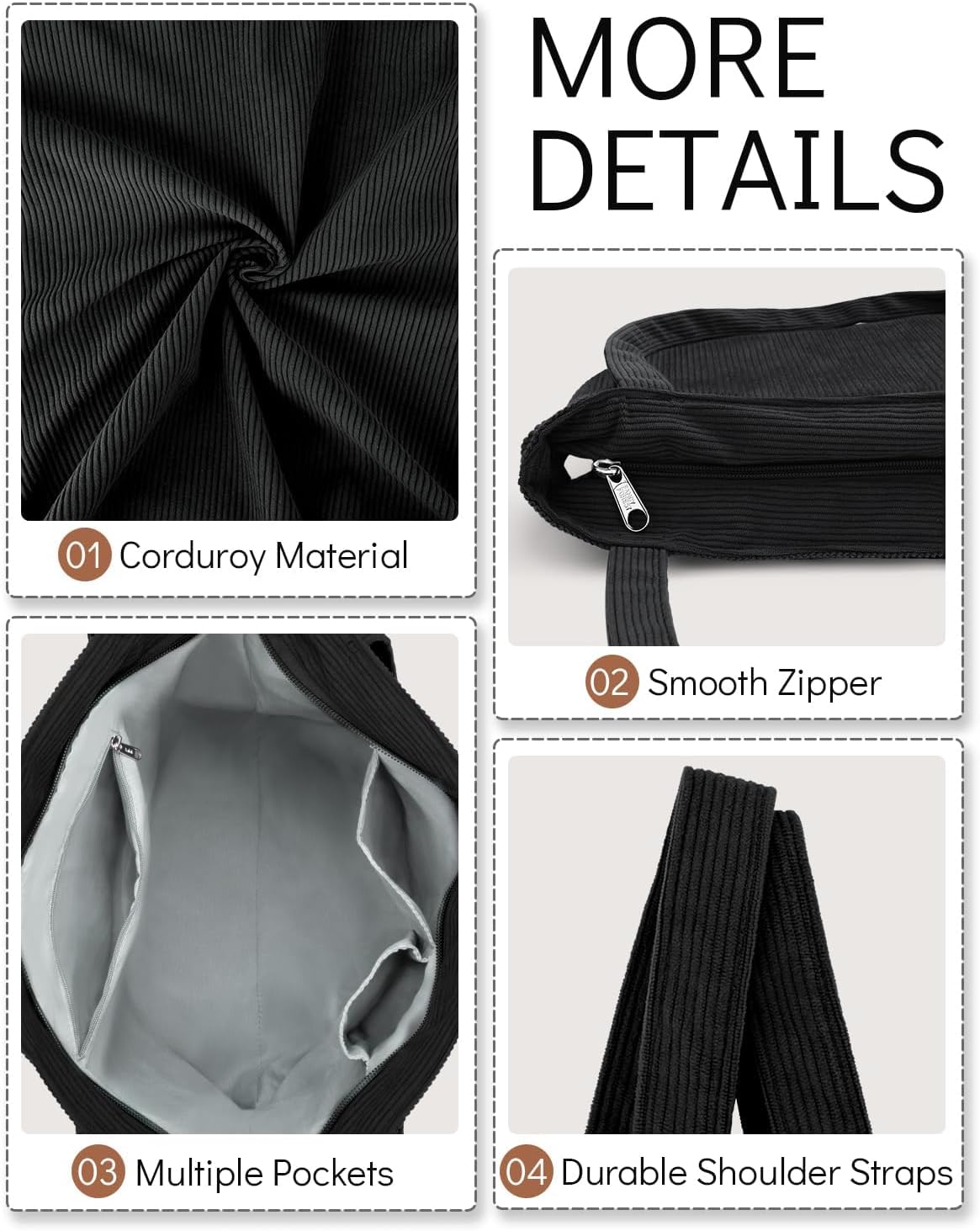 Iioscre Corduroy Tote Bag for Women,Hobo HandBags with Zipper,Large Capacity Casual Shoulder Handbags with Inner Pockets - Image 7