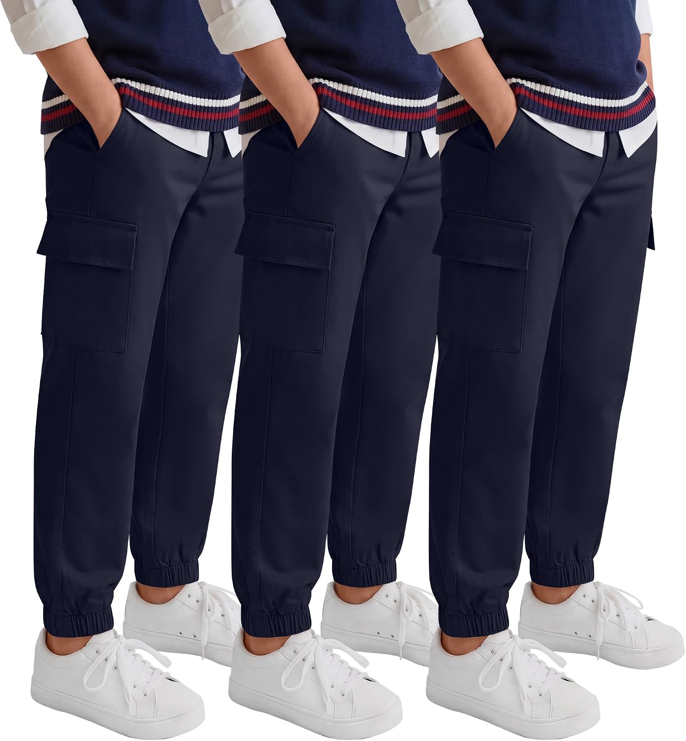 Yooo's Vivi 3 Pack Boy's Uniform Pants School Cargo Elastic Waist Jogger with Pockets Stretchy Pull on Belt Loops 6-14 Years