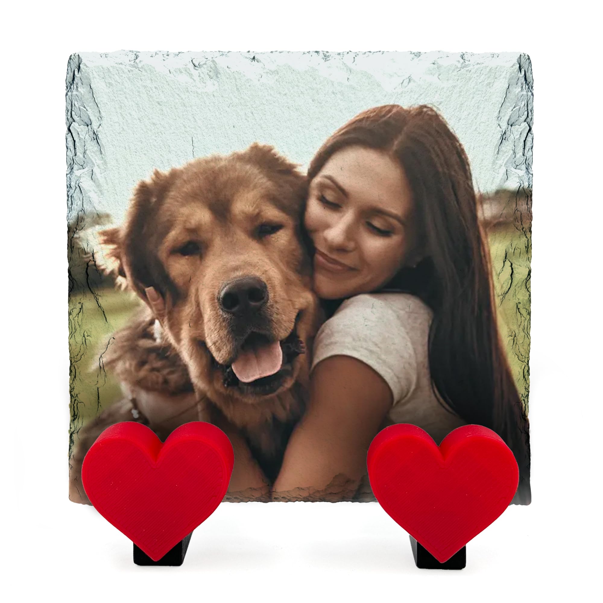 Personalised Custom Pet Memorial Square Plaque Photo Text Name with Heart Display Stand Cat Dog Slate Stone Grave Marker | Full Print | Size 15x15 cm