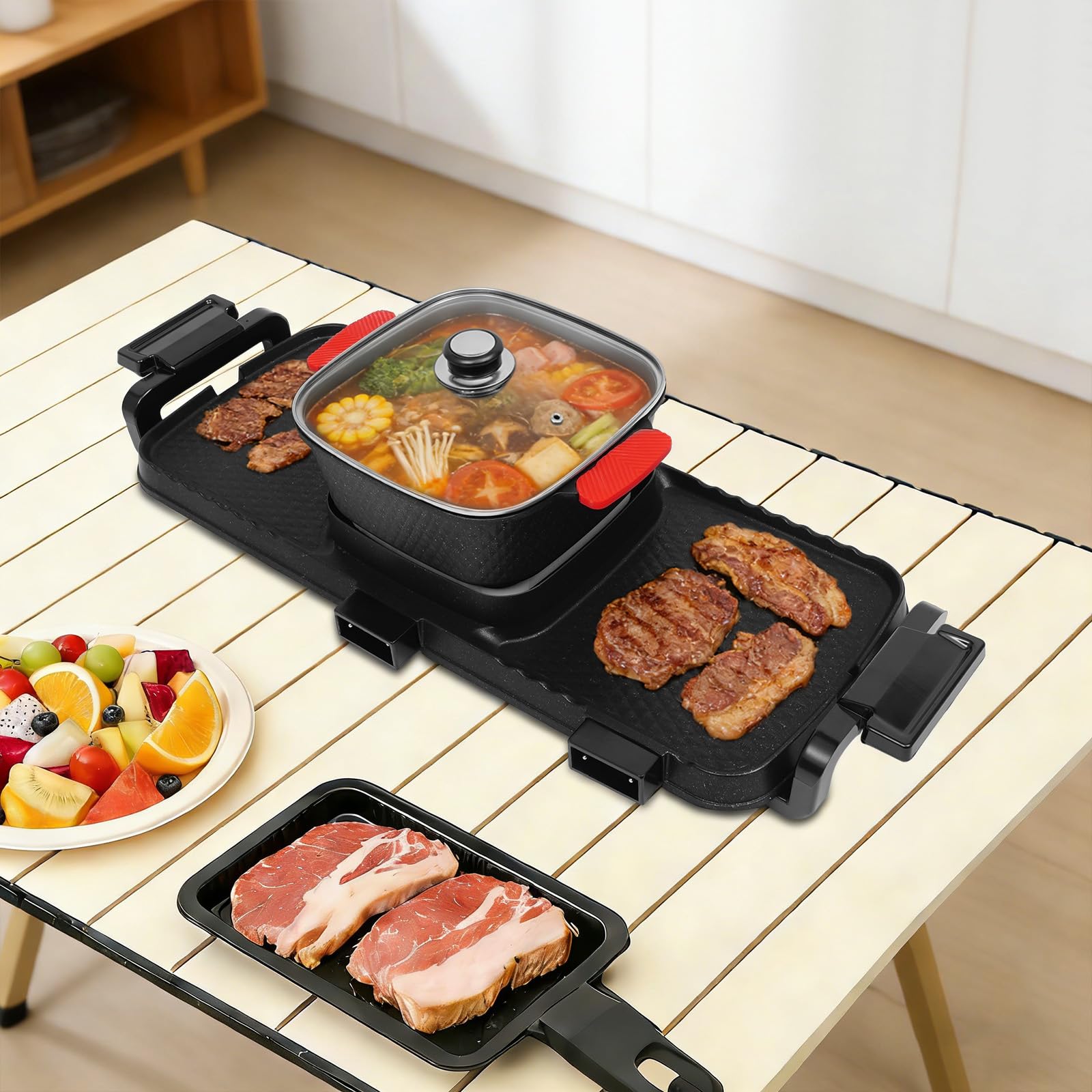Electric Hot Pot und grill Eléctrico Hotpot - Olla eléctrica 2 en 1, con tapa transparente para interior, coreana, barbacoa, tailandés, fondue, Raclette para 6 personas, 5 velocidades de