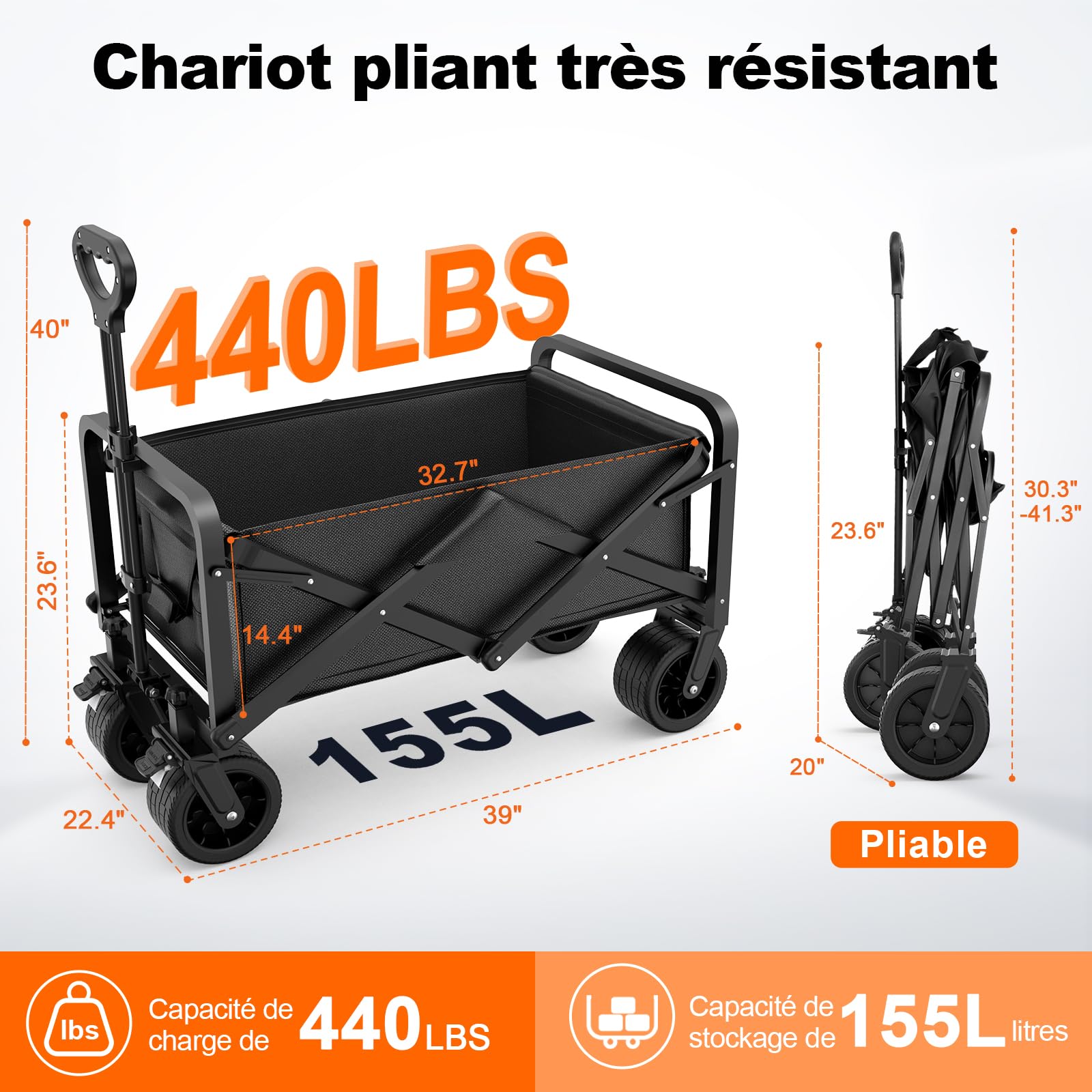 Chariot de Plage Pliable avec Freins 200kg, Chariot de Transport avec Roues Extra-Larges, Tout Terrain Chariot de Jardin avec Poignée Réglable & Sac de Couverture pour Plage Camping Jardin Pique-Nique