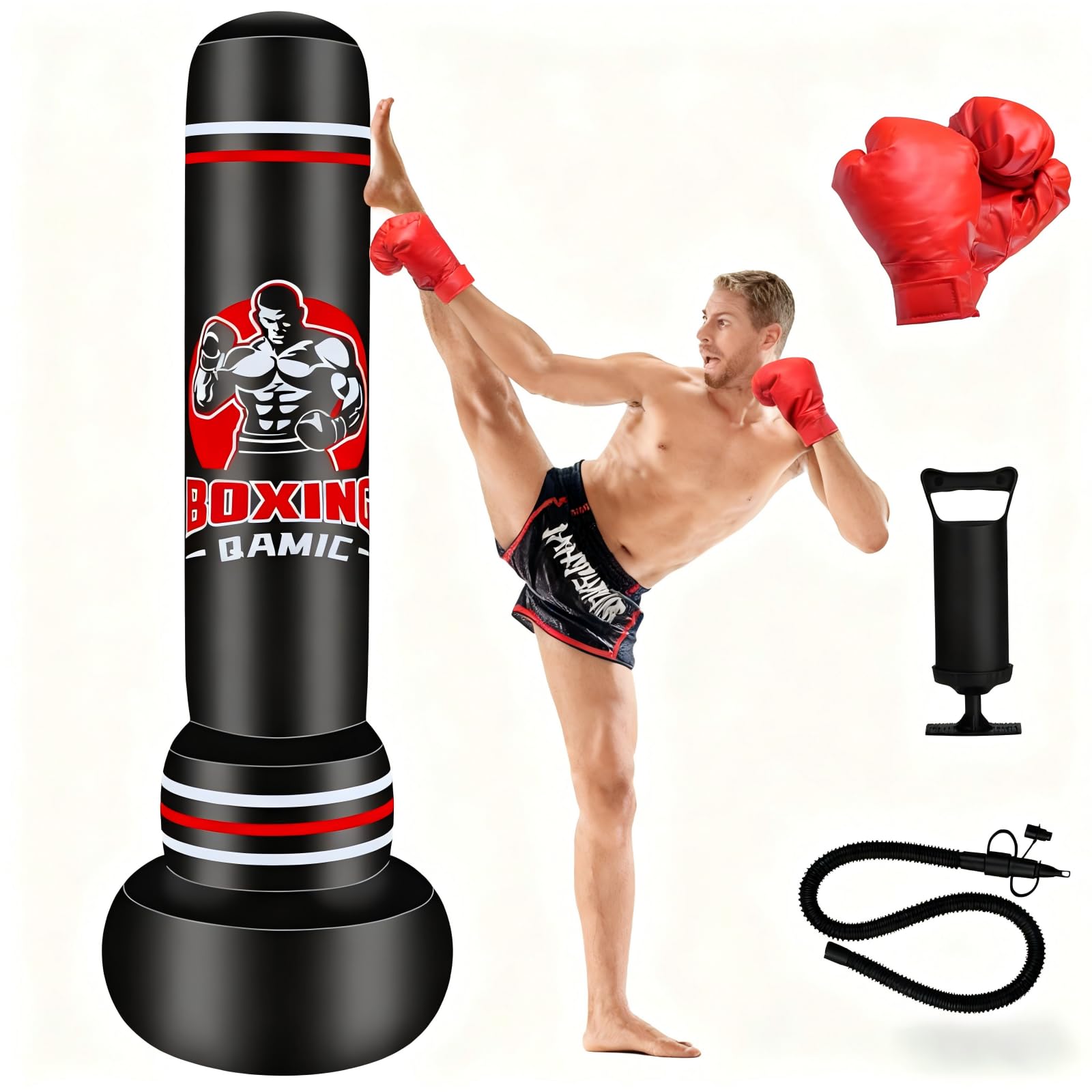 Boxsack Erwachsene, 180cm Aufblasen Schweren Boxsack mit Boxhandschuhen und Luftpumpe, 0,5 mm dickem PVC-Material Standboxsack für MMA Muay Thai Fitness Anfänger Training