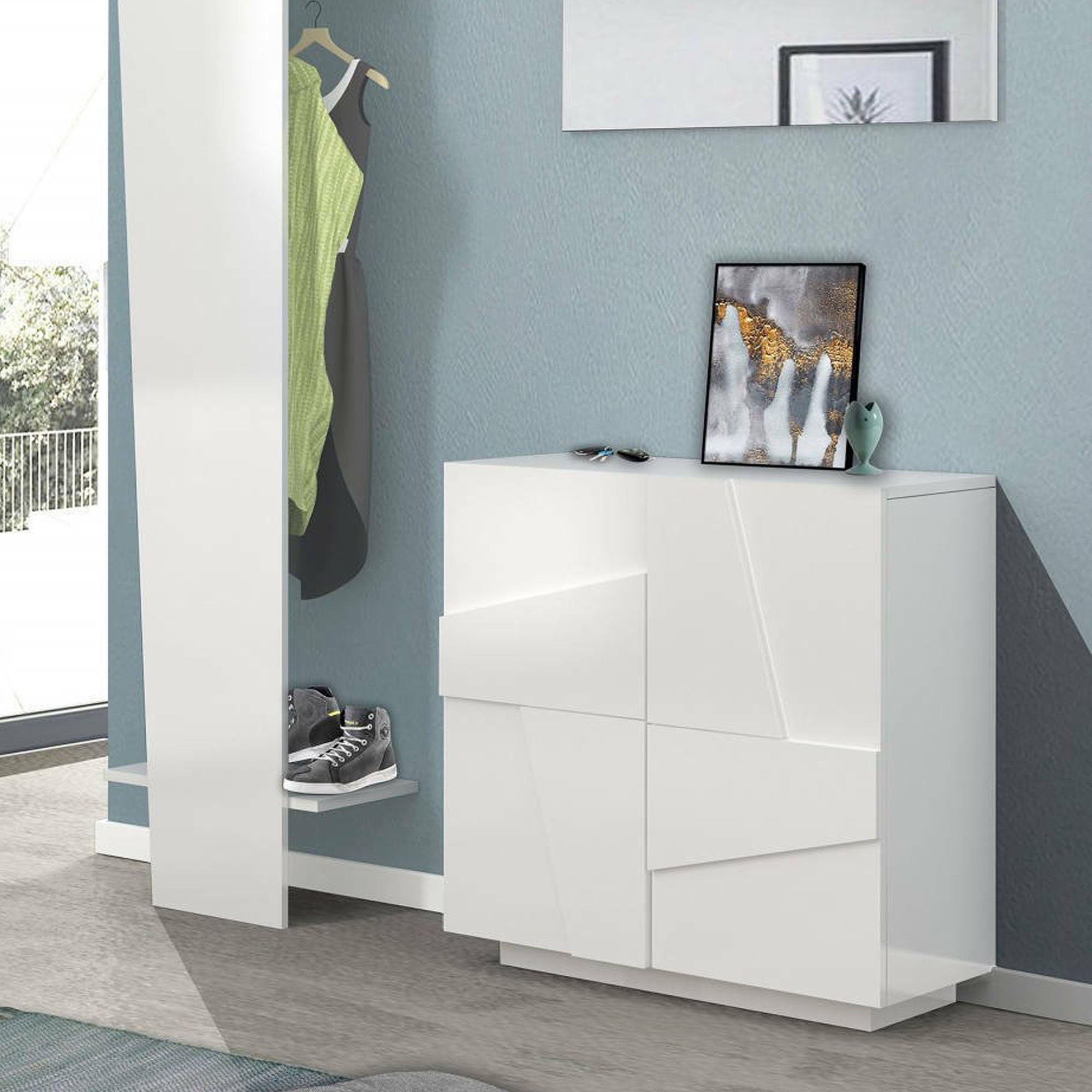 Dmora - Scarpiera Joel, Mobile multiuso a 2 ante, Portascarpe da ingresso, 100% Made in Italy, cm 81x38h86, Bianco lucido con dettaglio
