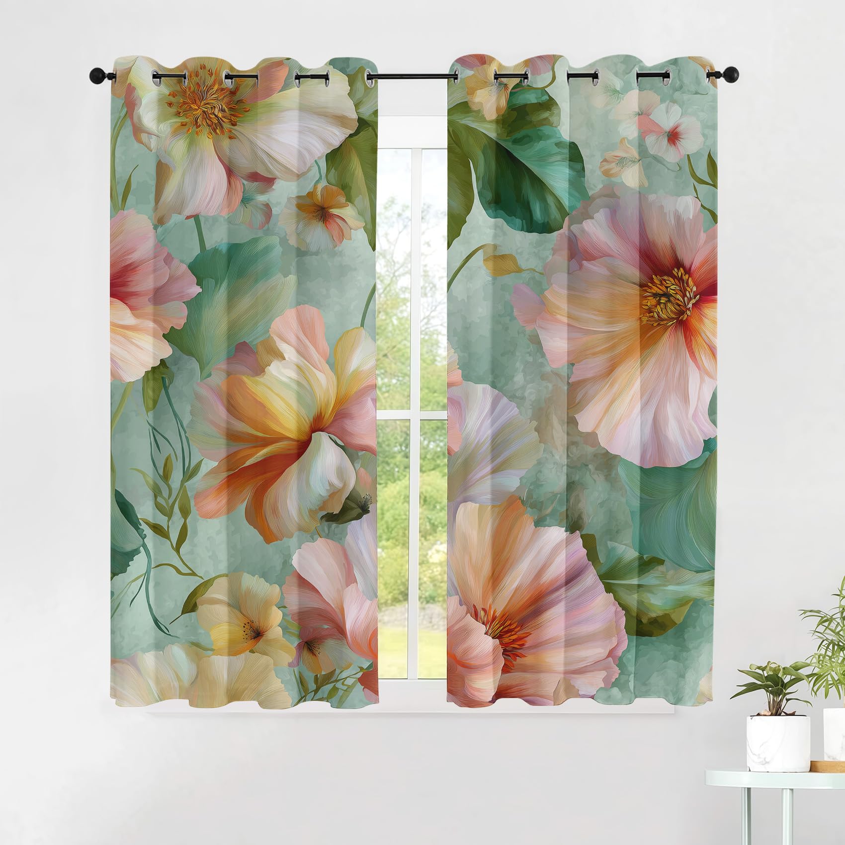 Generisch Rosa Orange Blume Vorhänge Aquarell Vorhang Blickdicht, Gardinen mit Ösen 2er Set, Thermovorhang für Wohnzimmer Schlafzimmer Fenster Deko H 245 x B 140 cm K20p
