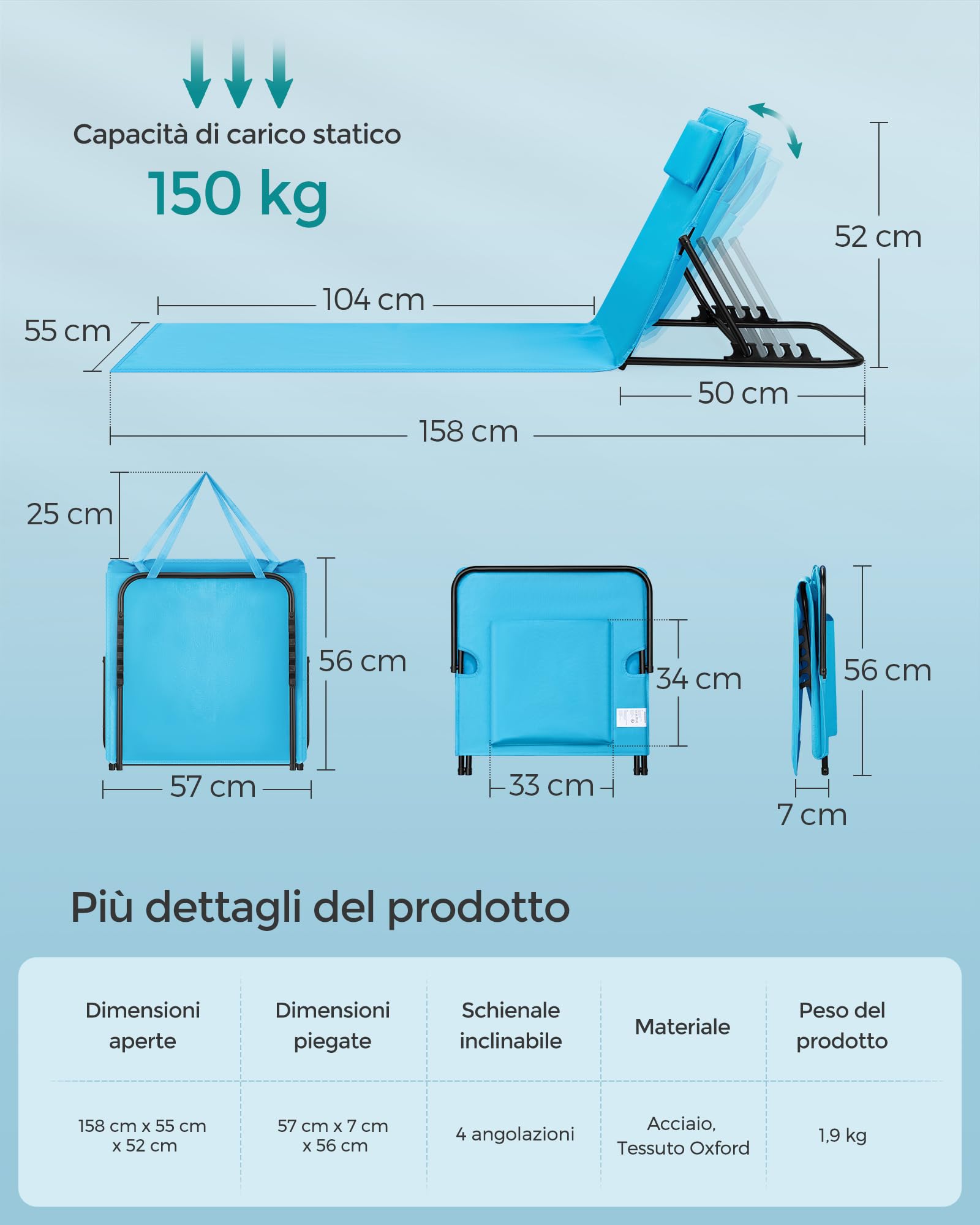 SONGMICS Set di 2 Lettini da Spiaggia, Sedie a Sdraio, Portatile con Manico, 158 x 55 cm, Azzurro Cielo