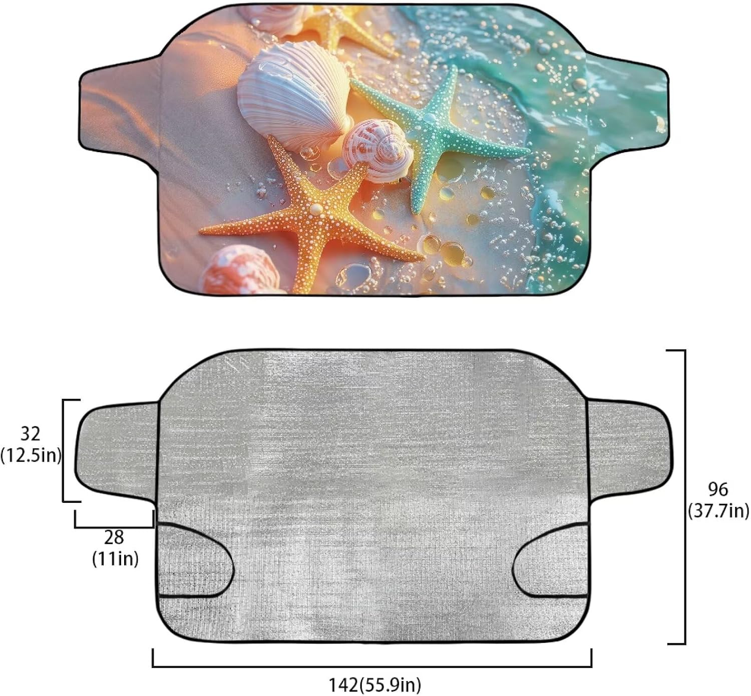 Suobstales Beach Starfish Seashell Conch Print Car Windshield Snow Cover, Anti Ice Frost Windshield Protector, Windproof Front Window Cover, Winter Car Accessories for Cars, Trucks, SUVs