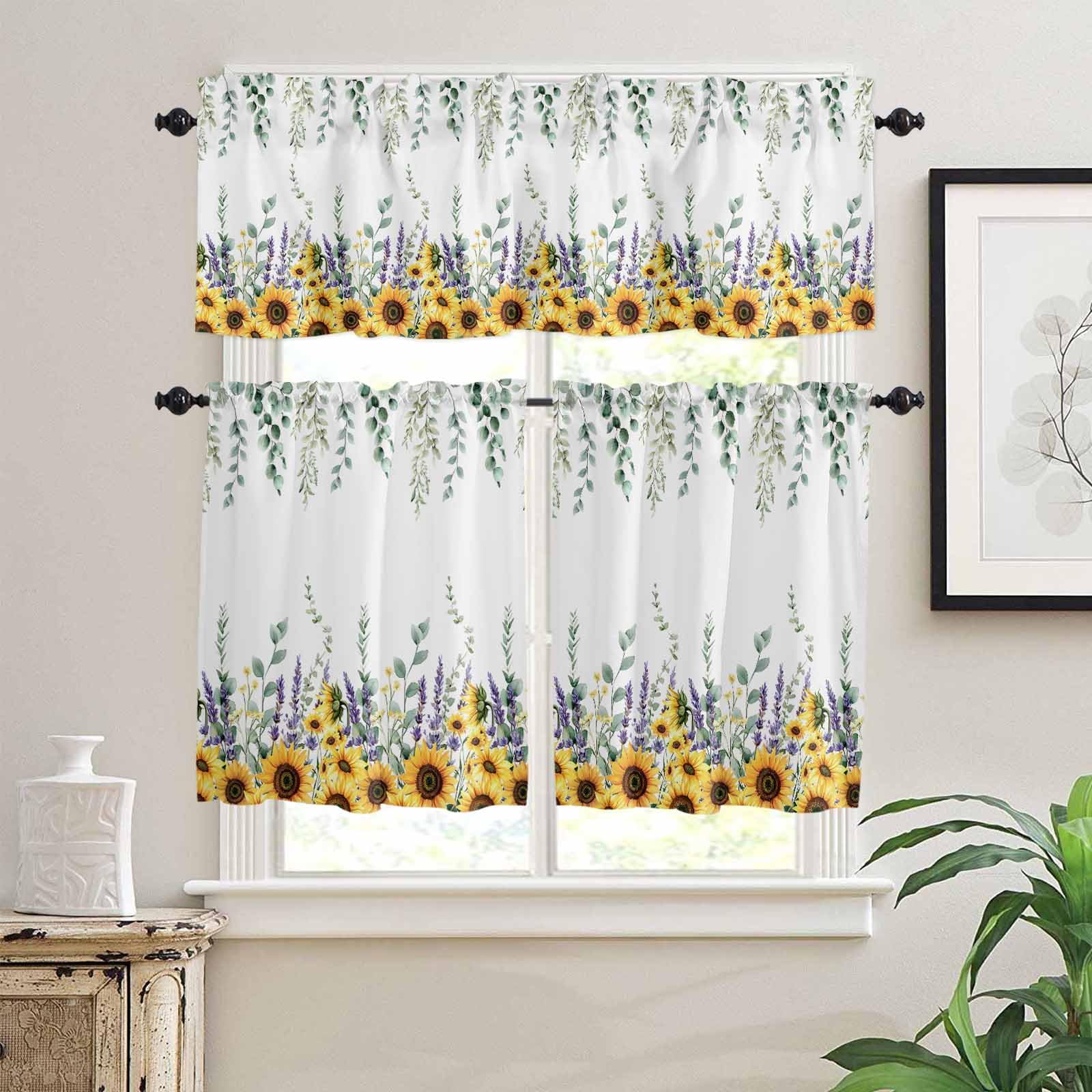 Eucalyptus Leaves Kitchen Curtains 36 Inch Length,3 Piece Rod Pocket Small Half Tiers and Valance Set,Yellow Sunflower Lavender Farmhouse Small Large Window Treatment Decor for Bedroom/Bathroom Sink