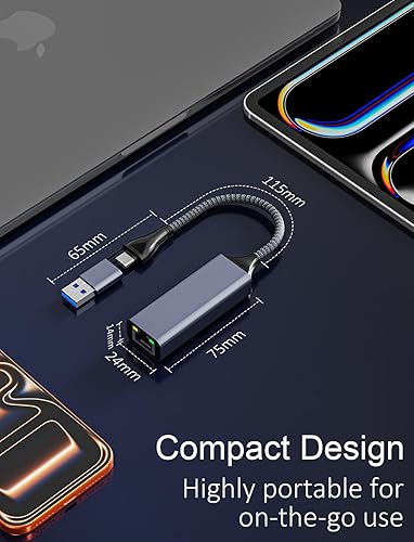 Miniatura 8 de Adaptador USB C a Ethernet de 2.5 Gbps, 2 en 1 USB 3.0 y adaptador de red USB-C a RJ45, convertidor LAN Gigabit de 2500 Mbps con carcasa