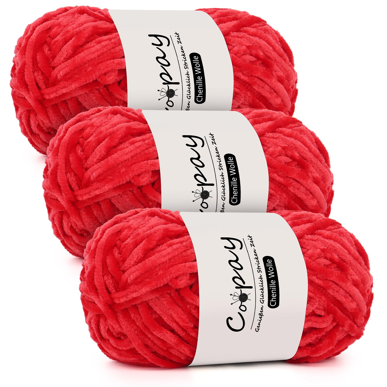 Coopay Chenille Wolle zum Häkeln, 3x100g Samtig Garn, Dicke Flauschige Weiche Wolle, Plüschwolle Häkelgarn für Decken, Schals - Rot