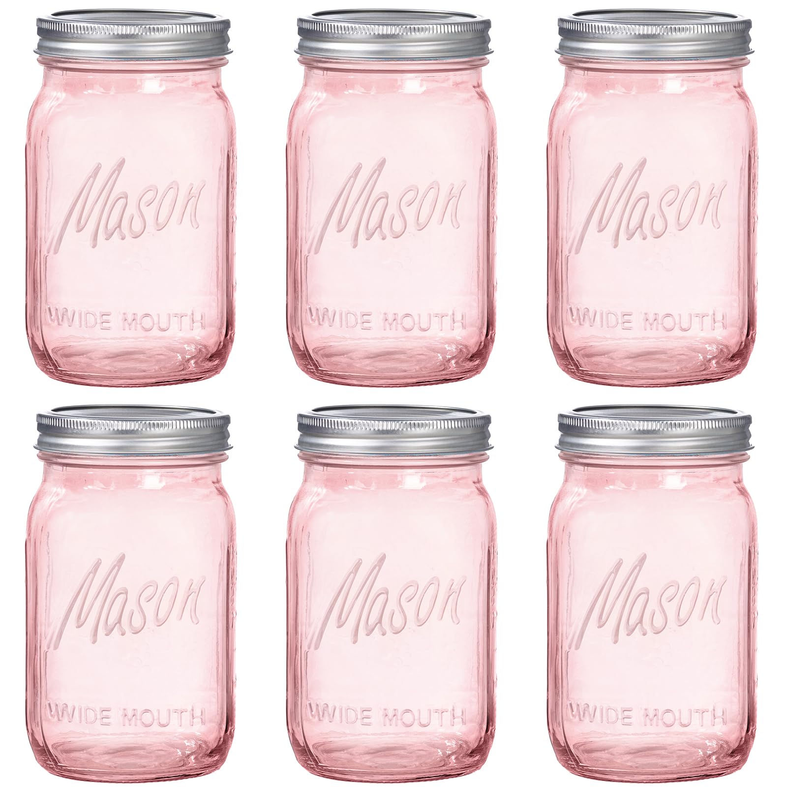 16 oz Rose Pink Mason Jars with Lids, 6 Pack Wide Mouth
