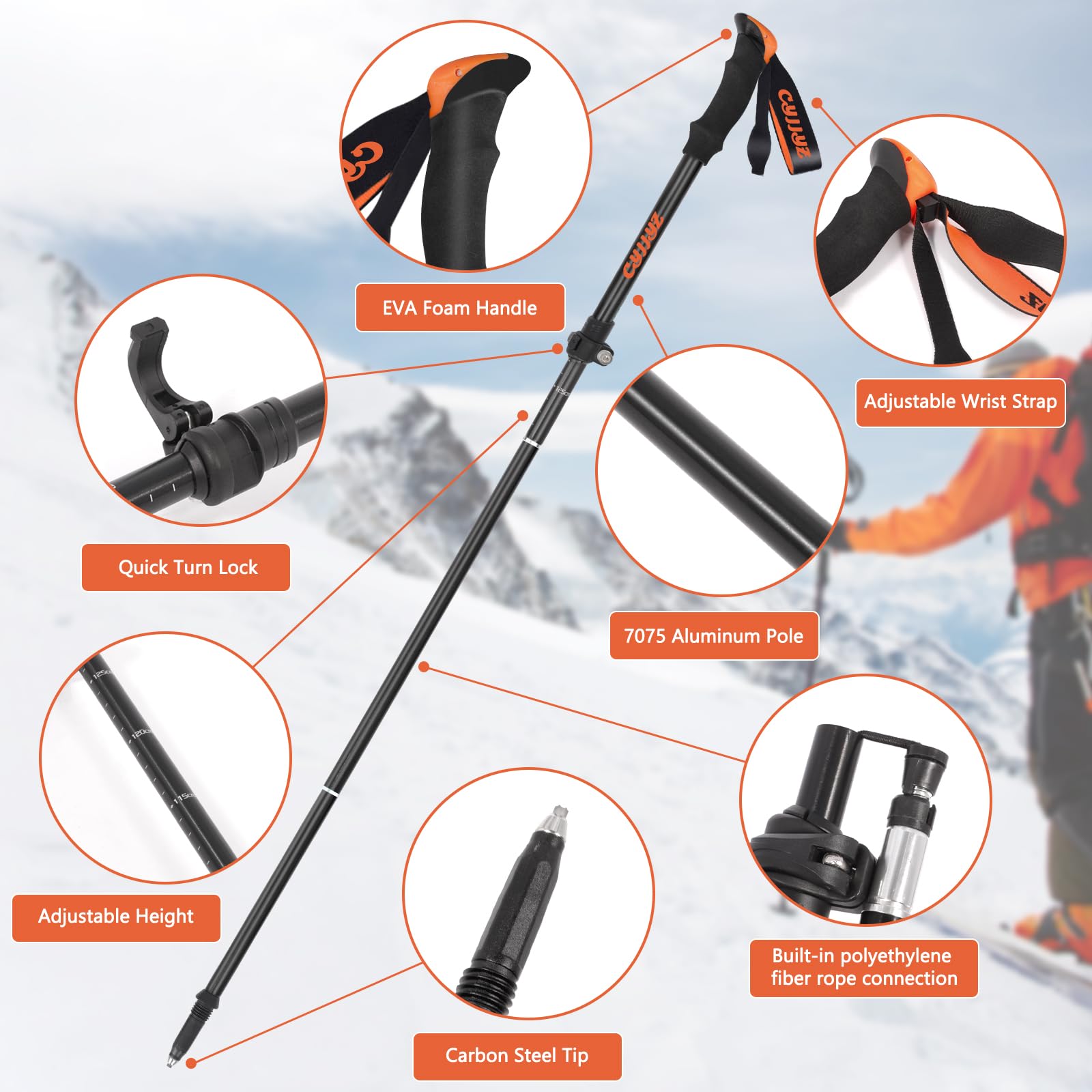 2Pcs Bastoni Trekking Pieghevoli, Bastoncini Trekking in 7075 Alluminio, Bastoncini da Trekking, Bastoni da Trekking Nordic, Bastone da Trekking, 108-135 cm Regolabile, per Escursionismo
