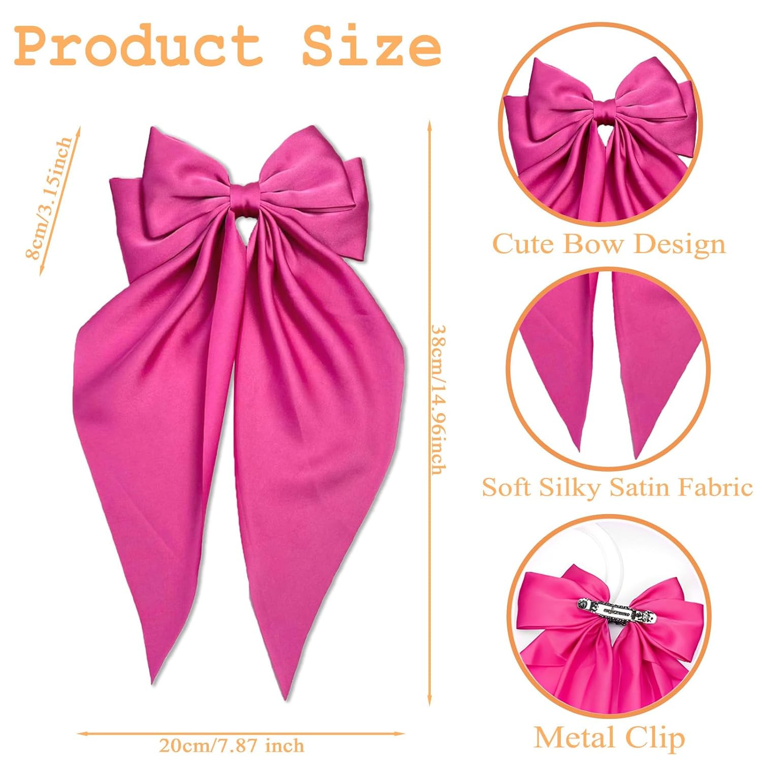 Pink Fuchsia Hair Bows Silky Satin Bows Oversized Long Tail Hair Bow Clips Barrettes Big Bowknot Hair Accessories Trendy Stuff for Women Girl - Image 2