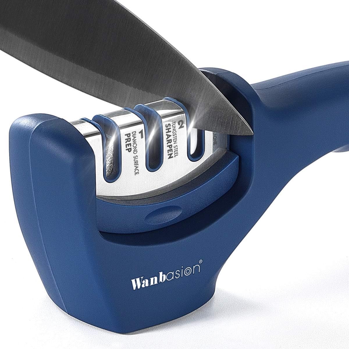 Wanbasion Kitchen Knife Sharpener Professional 3 Stages, Kitchen Knife Sharpener Manual Sharpening, Knife Sharpener for Kitchen Knives with Stainless Steel Ceramic Diamond Blade