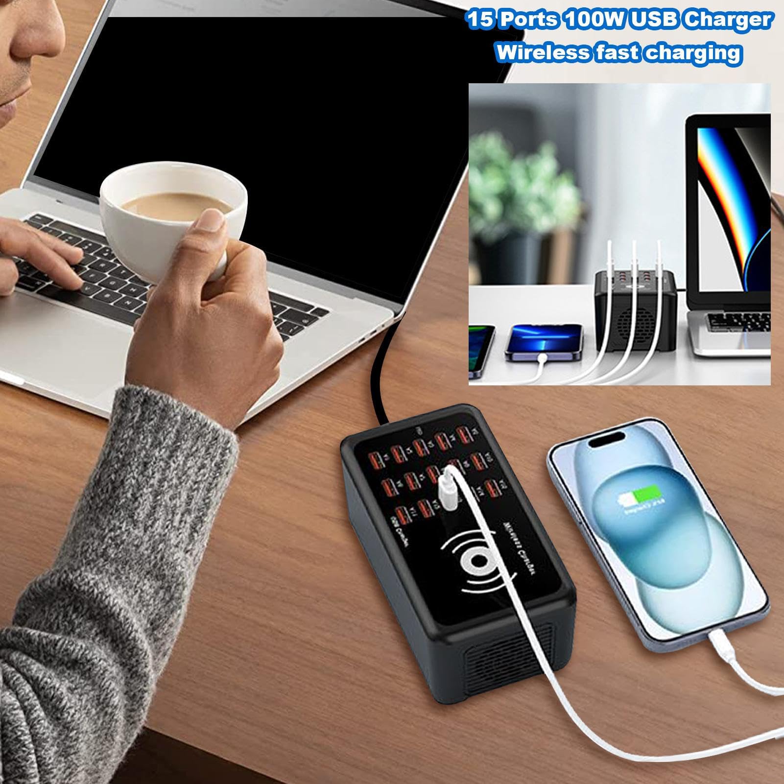 Hub di Ricarica USB 15 Porte 100W Ricarica Rapida | Stazioni di Ricarica per Cellulari Hub Caricatore USB Per Laptop Telefono Tablet Adulti Adolescenti Casa Ufficio Viaggio