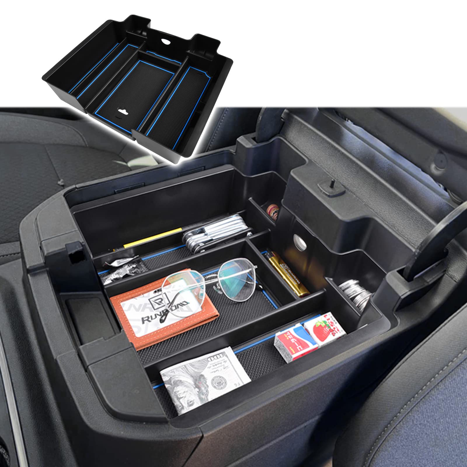 RUNROAD Center Console Organizer Compatible with 2019-2022 Chevy Silverado 1500/GMC Sierra 1500 and 20-23 Silverado/Sierra 2500HD/3500HD (Full Console with Bucket Seats ONLY) Accessories Tray Blue