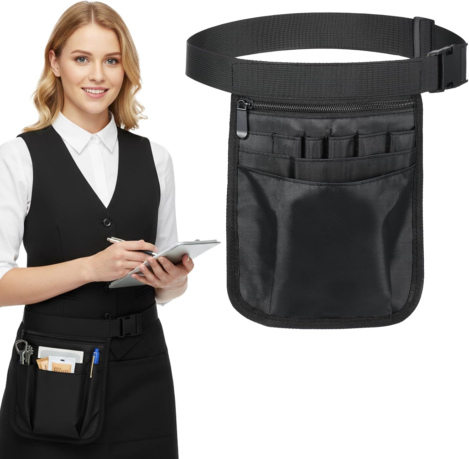 Server Apron Waist Pouch Restaurant Waiter Waist Tool Working Serving Pouch with Adjustable Belt Utility Multiple Pockets Money Bag for Restaurants Gardening Hotel Bar