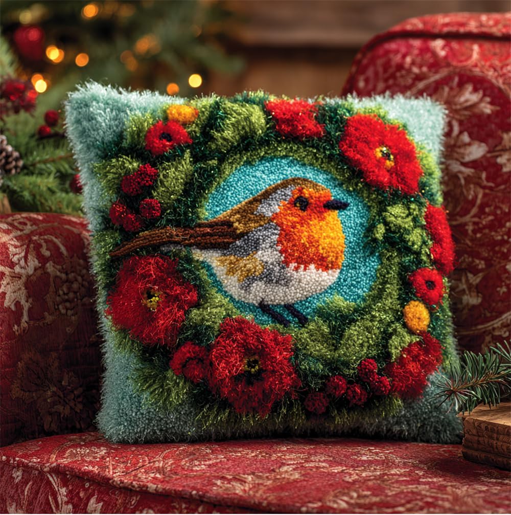 Kitquiver Latch Hook Cushion Kit, Christmas Wreath And Robin Embroidery Pillow For Starters - Adults Or Children, Diy Latch Hook Rug Making Kit 43X43cm /17X17 Inch