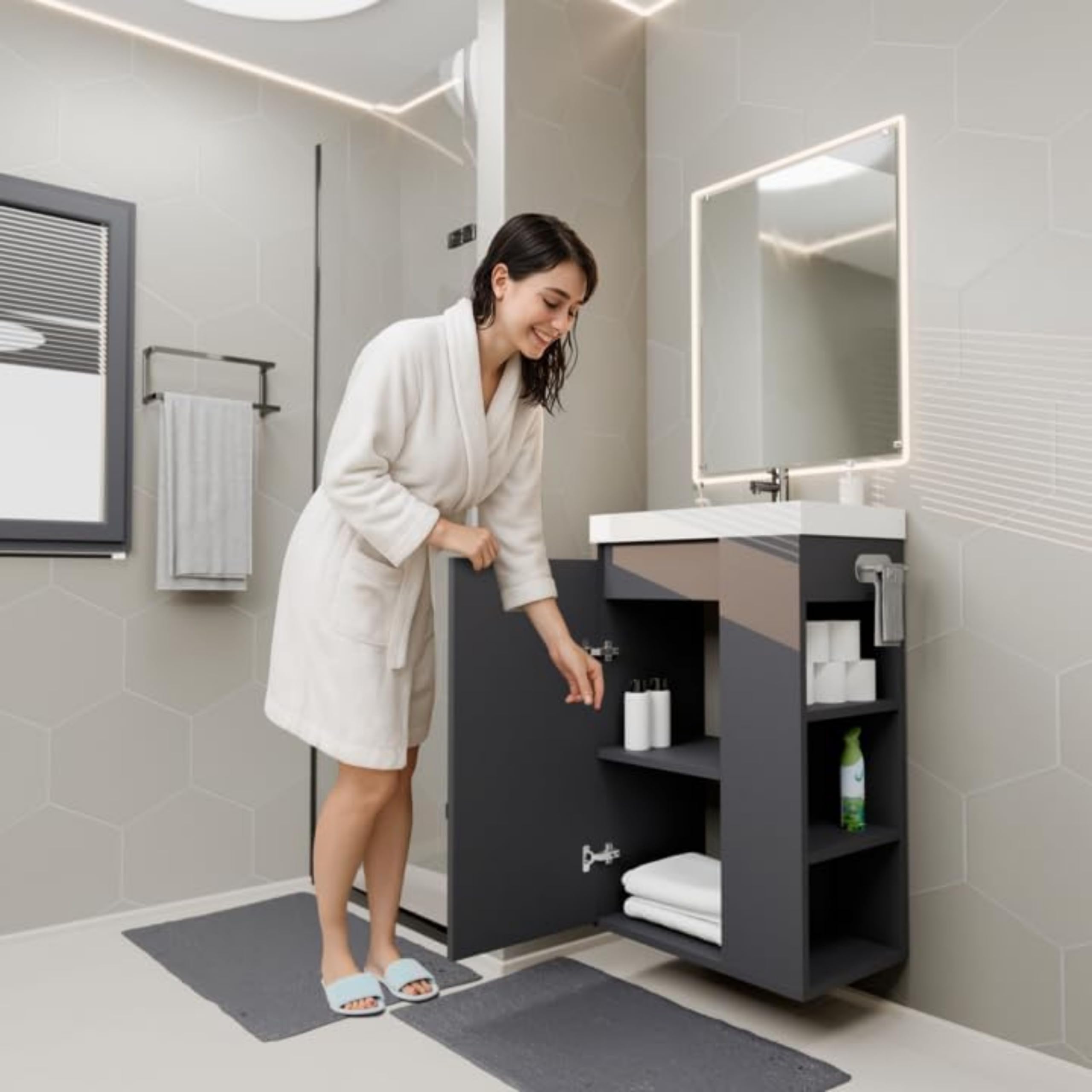 Vasque avec Meuble sous Lavabo SEVA, 46 cm de Largeur, Meuble Lavabo sur Pied ou Suspendu, Ensemble de Meubles de Salle de Bain, avec Porte-Papier Toilette - Anthracite