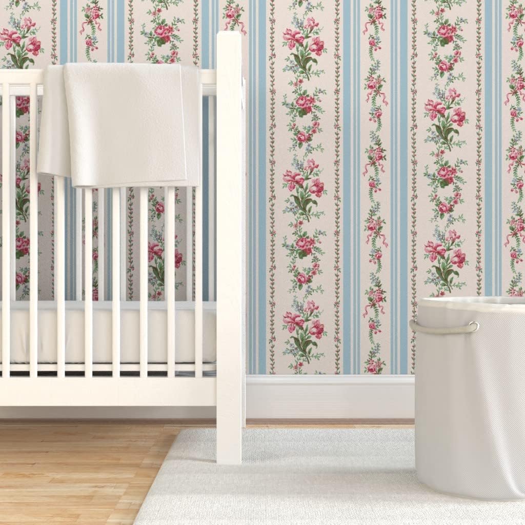 Peel & Stick Wallpaper Swatch - Grandmillenial Floral Stripe Pink Cream Blue Shabby Chic Custom Removable Wallpaper by Spoonflower