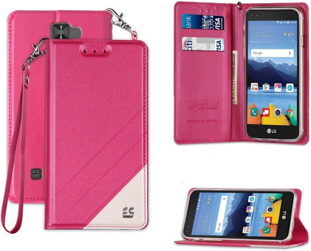 Spots8 LG K8V VS500 Case PU Leather TPU 2 Tone Card Slot Magnetic Close Strap Kickstand Hot Pink White With Clear Gel