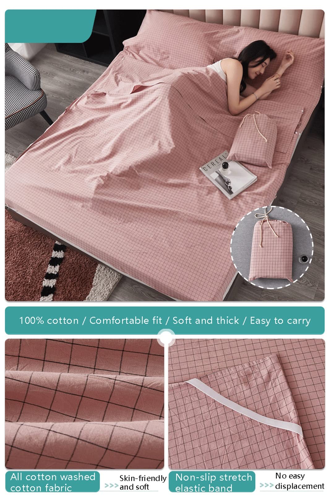 RUZGAR Sacco a Pelo Matrimoniale Sacchi a Pelo Estivi Sacco a Pelo Leggero e Compatto in 100% Cotone Motivo a Righe a Quadri Sacco Nanna for Viaggi in Hotel (Color : Pink A, Size : 120x210cm-47x82)