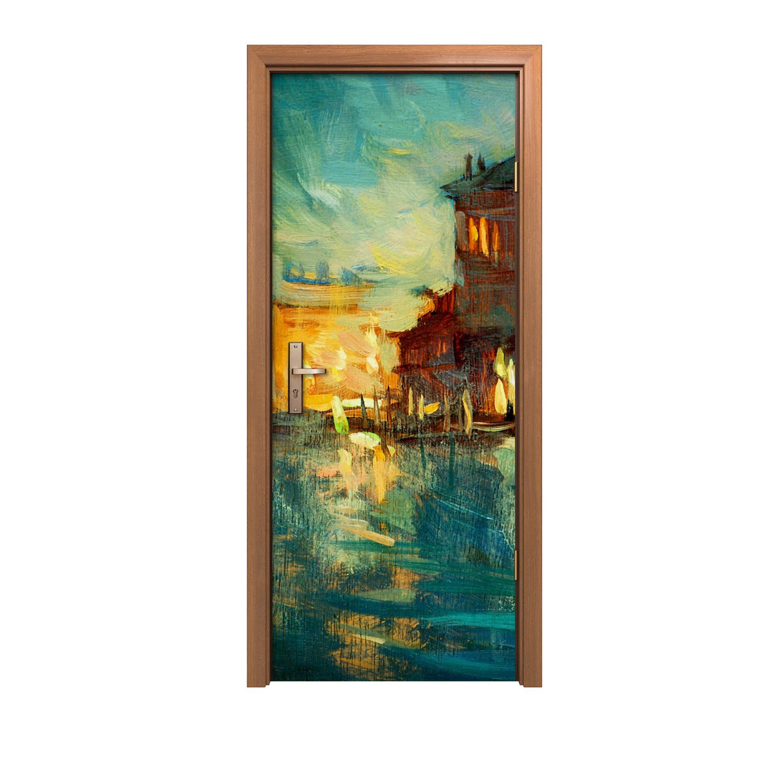 Autocollant de porte Coloray pour créer une perspective de bâtiments fluviaux au salon